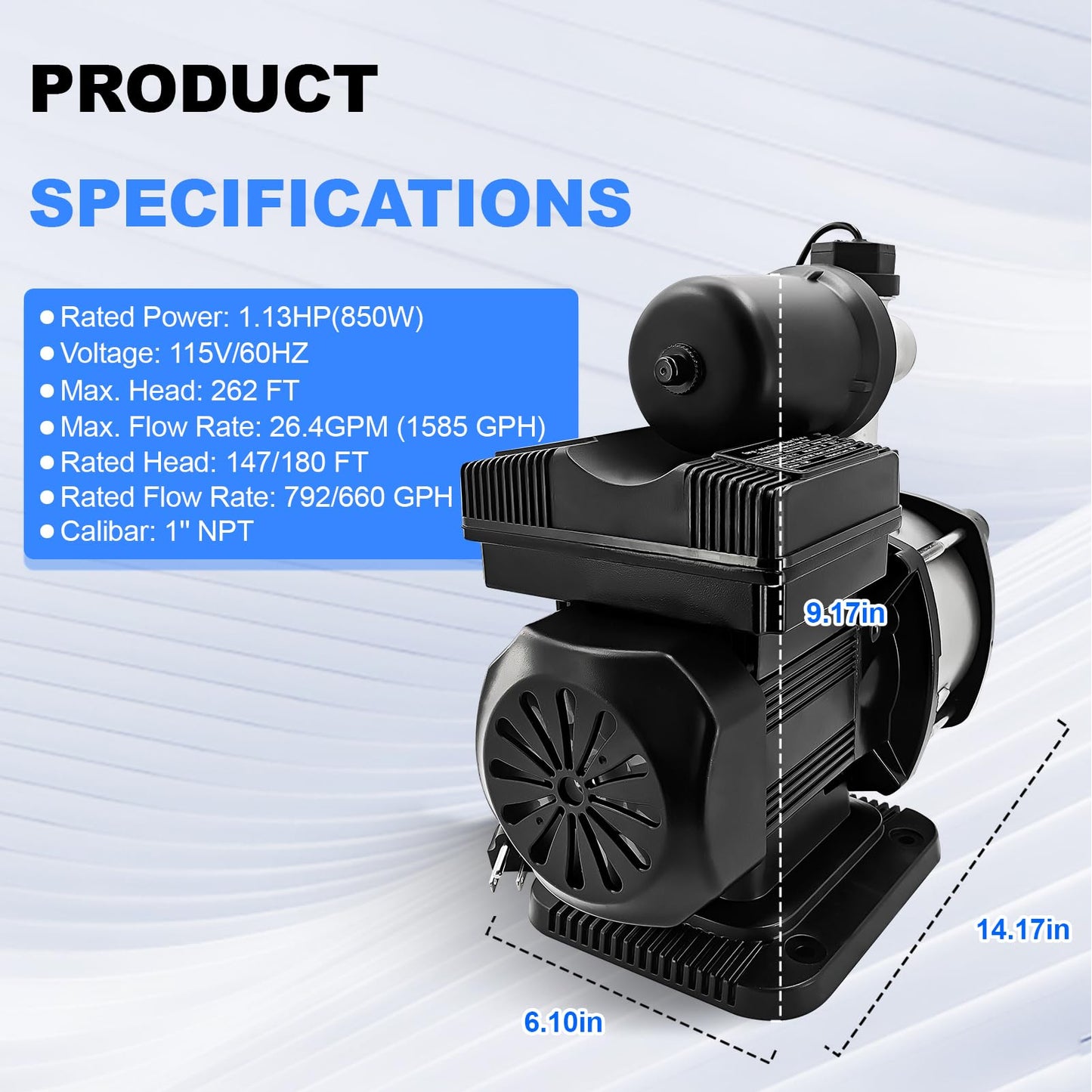 Censeanku 1.13HP, 113PSI, 26.4GPM, Water Pressure Booster Pump for House, 115V, 1" NPT, Constant Pressure and Low Noise for Home Water Pressure, Booster, Irrigation (850W)