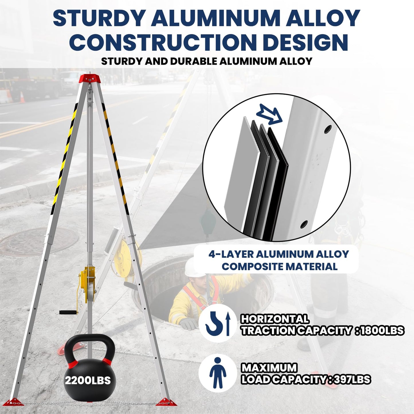 Confined Space Tripod Kit, 2200 Lbs Winch, Adjustable 7' Legs & 98' Cable, Steel Confined Space Rescue Tripod with 33' Fall Protection/Harness/8' Protection Chain for Confined Spaces Safety