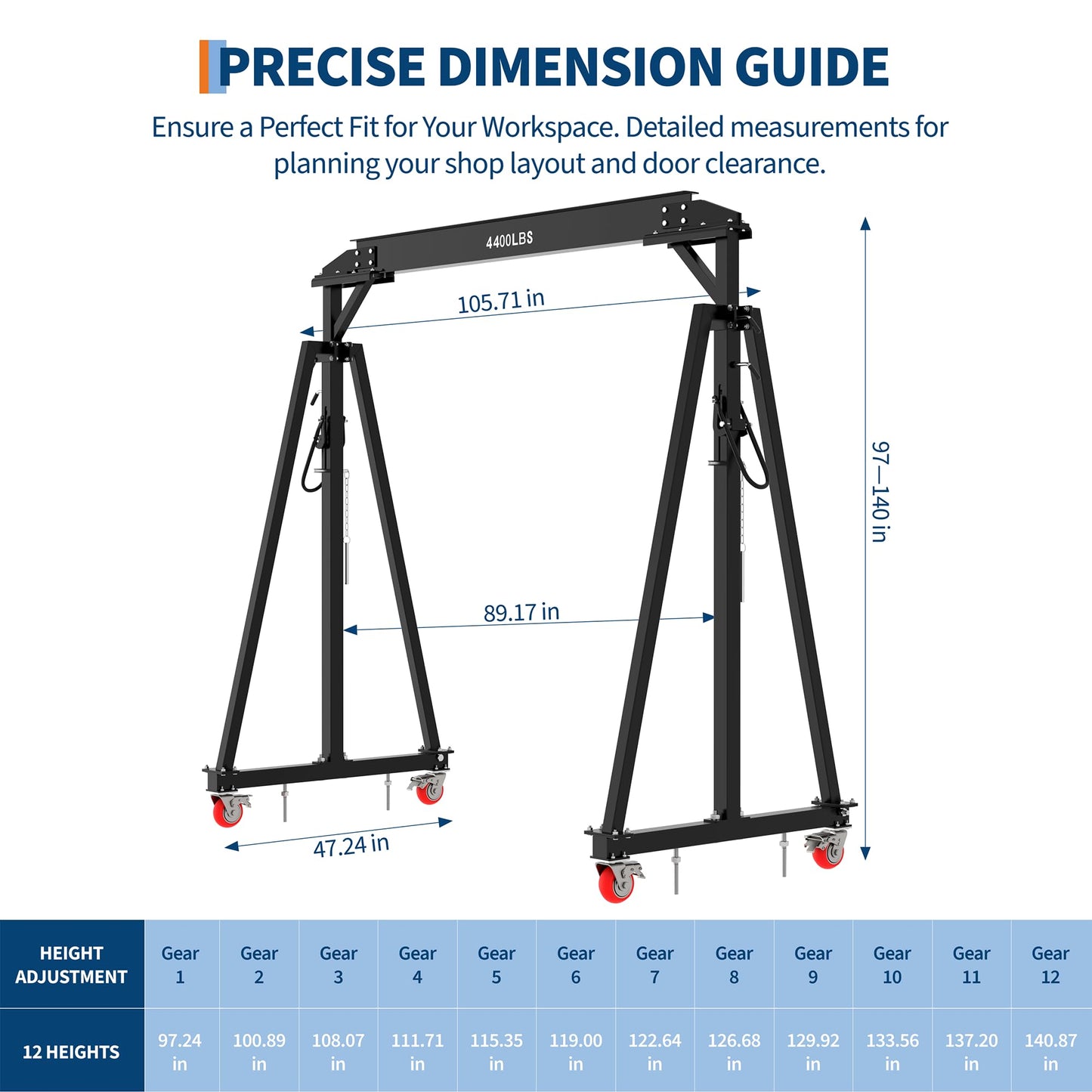 Adjustable Gantry Crane 2 Ton (4400 LBS), 12 Locking Positions (97" to 141") with Triangle Base, Portable I-Beam Hoist for Factory, Warehouse, Auto Repair & Construction