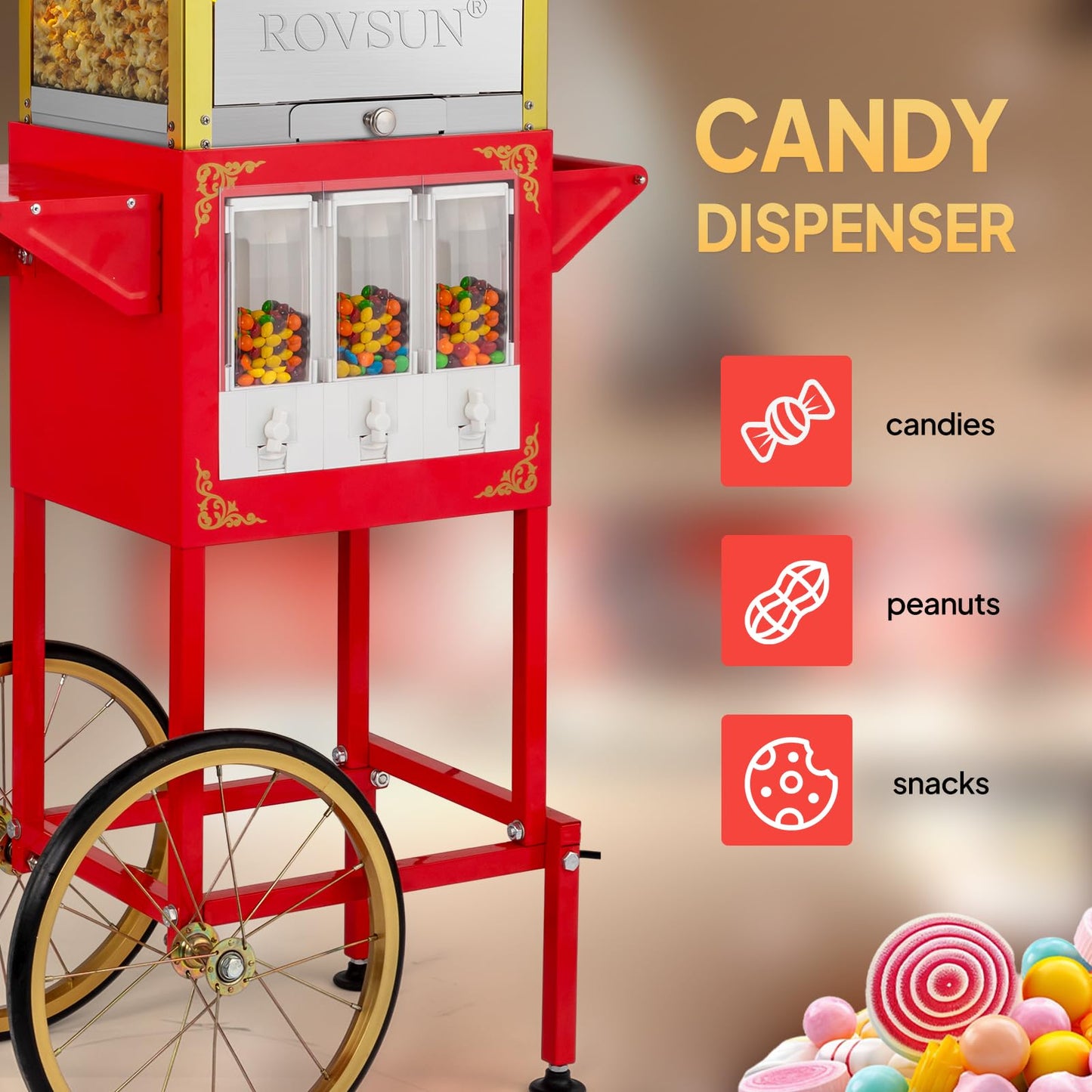 ROVSUN Popcorn Machine Cart with Candy Dispenser, 8 Oz Kettle Makes Up to 32 Cups ETL, Popcorn Maker w/Scoop, Oil Spoon, Bags & Cups, Movie Theater Style Popper for Commercial Home Party, Red