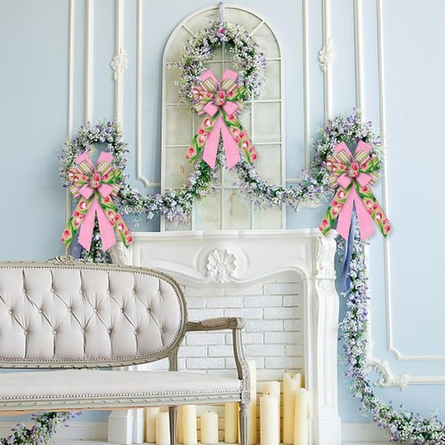 Hying Large Flower Bow - Spring Tulip Stripes in Pink Burlap | Farmhouse Craft Bow for Easter Decor