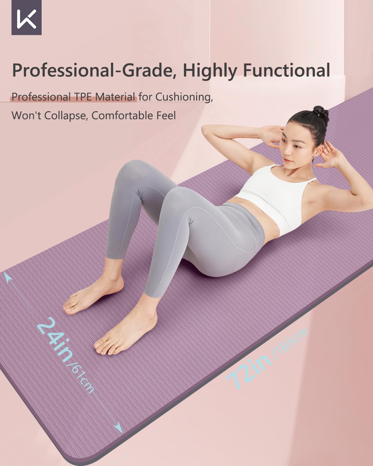 KEEP Yoga Mat 7mm Thick Non Slip - Extra Cushion TPE Exercise Mat for Home Workout & Pilates, Eco Friendly Knee Protection, 72"x24" Large Fitness Mat with Carrying Strap,pink