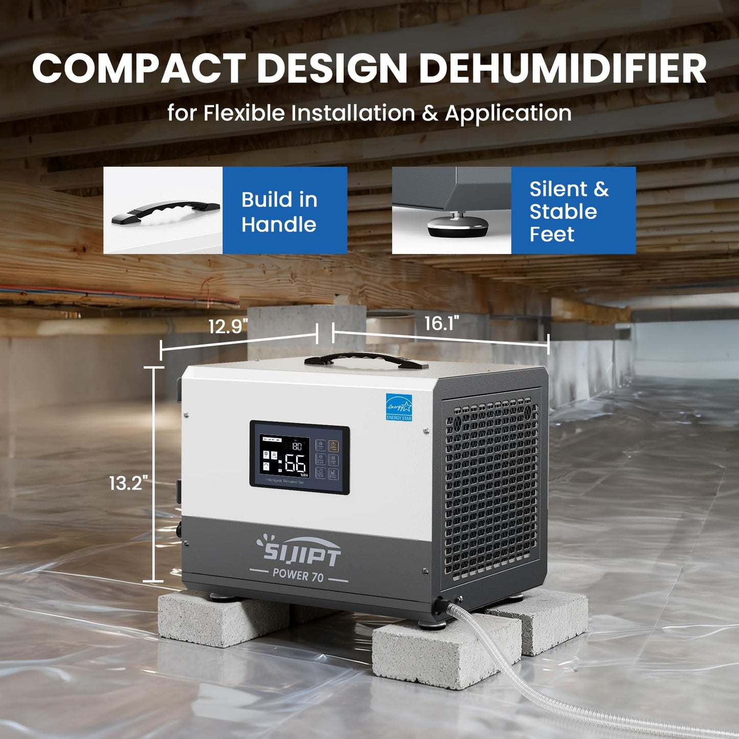 Crawl Space Dehumidifier with Pump, 70 Pints Energy Star Commercial Dehumidifiers for Basement and Home, Compact Dehumidifier for Spaces up to 1000 Sq Ft with Auto Defrost, Memory Starting