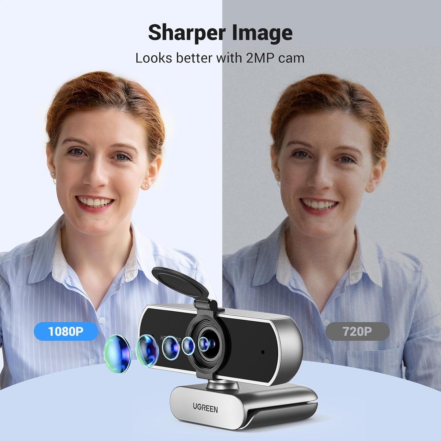 UGREEN 1080P 2 85 2, Full HD Webcam with Microphone, Noise-Canceling Mics, Fov & Fixed Focus, Plug and Play, Auto Light