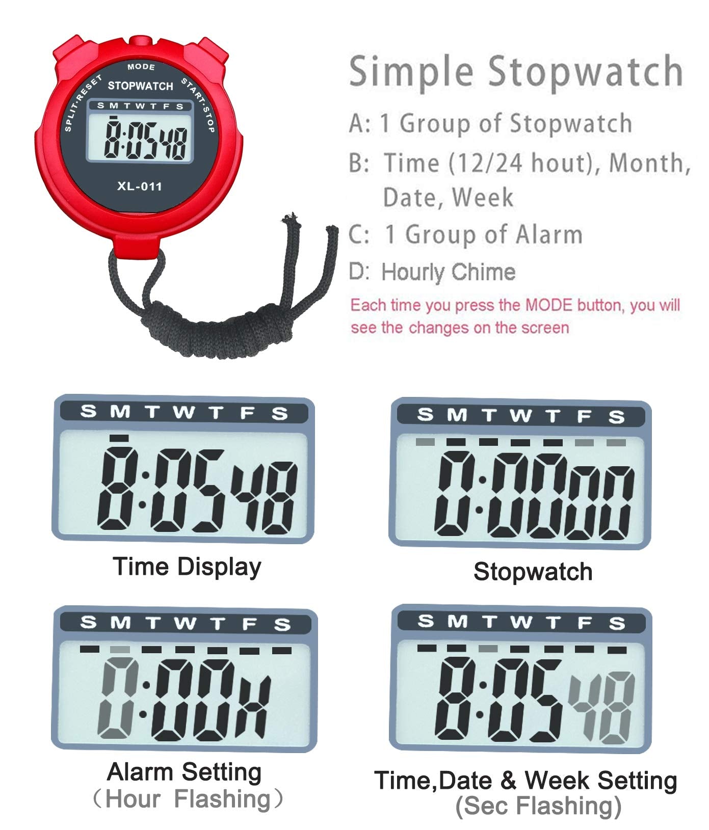 Stop Watch, BESTWYA Large LCD Screen Handheld Count Up Stopwatch with Time Calendar Clock Function for Coaches, Kids' Training, Swimming, Running (Pack of 4,B)