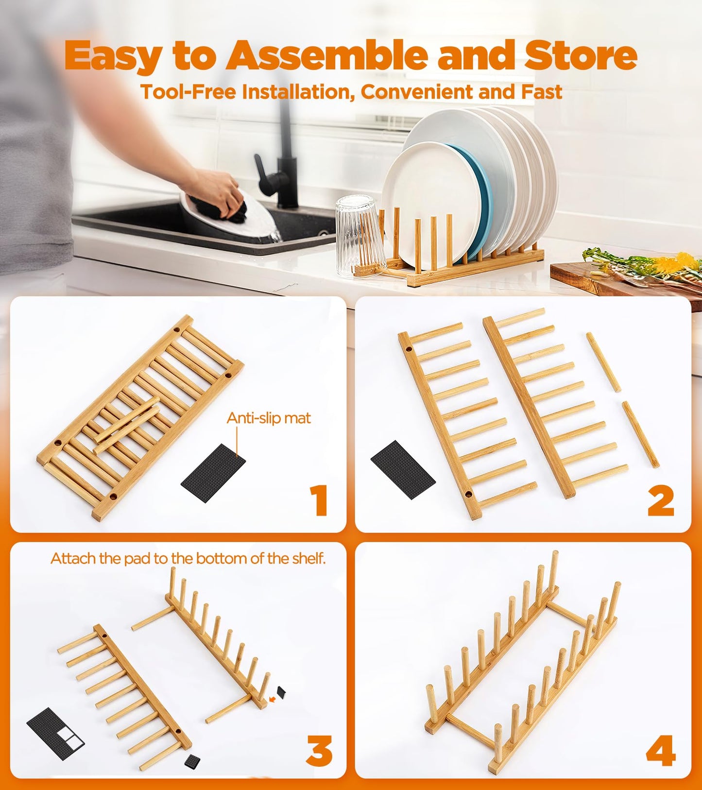 RISHTEN Bamboo Dish Drying Rack, 2 Pack Wooden Storage Holder Organizer for Plate/Bowl/Cup/Book/Pot/Lid/Cutting Board Drying Rack Stand Holder