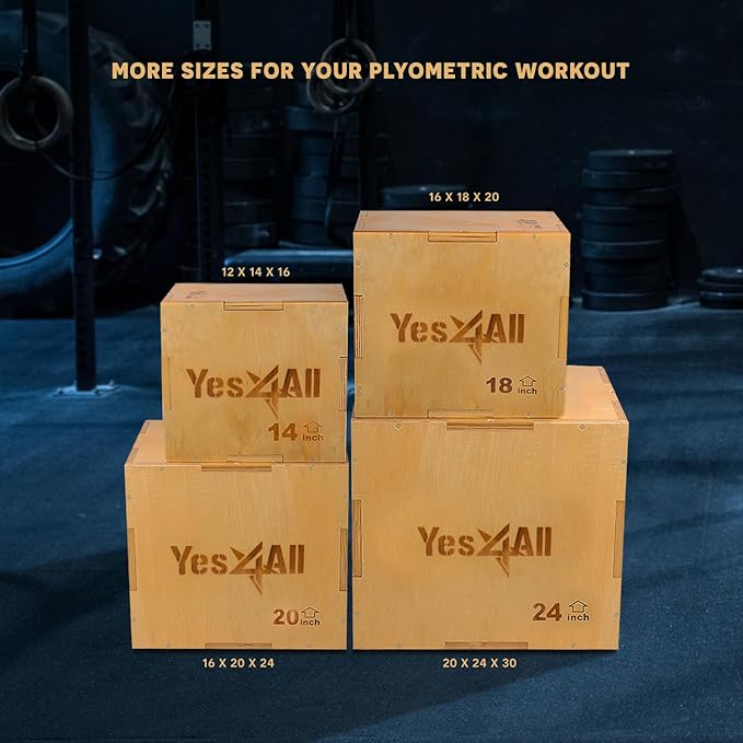 Yes4All Plyo Box, 3-in-1 Wooden Box Jumps for Home Gym (12/14/16?¯in), 450 lbs Boxes Step Up with Smooth Edges & Wide Built-in Handles for Jumping, Strength Training, Lunges, Squats, Dips