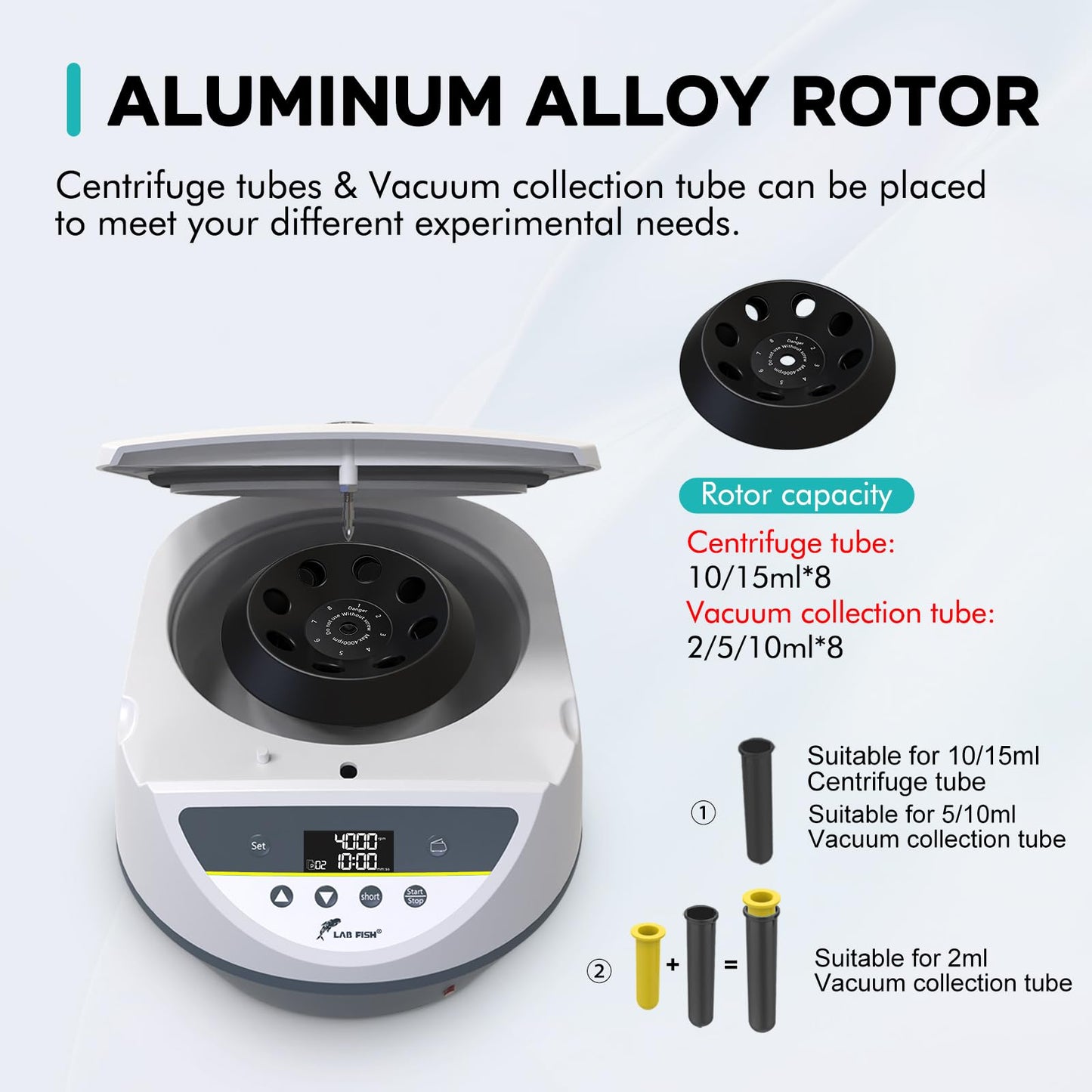 LAB FISH Lab Benchtop Centrifuge Machine 8 x 2ml/5ml/10ml/15ml Capacity Test Tubes,Low Speed 500-5000r/min,Max 3074xg RCF