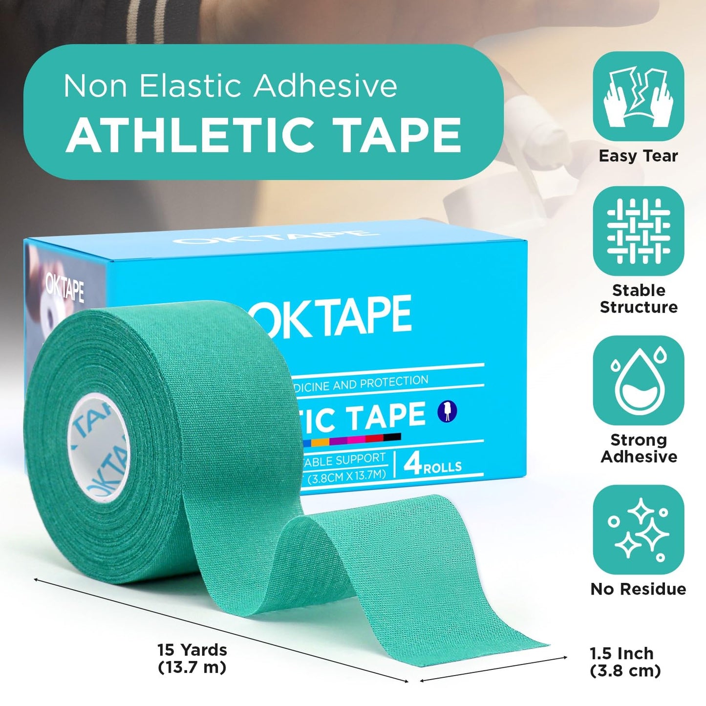 OK TAPE 4 Rolls Athletic Tape, Sports Tape for Injuries, Rigid, Easy Tear Medical Tape, Wrist Tape, No Sticky Residue | Secure Ankle, Finger, Knee- 1.5inch x 15yards (Teal Blue)