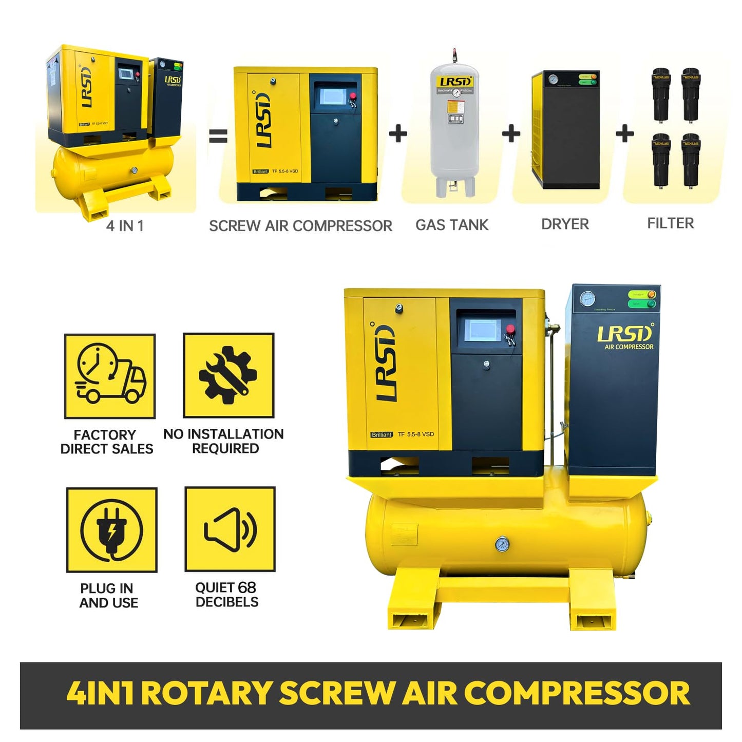 LRSD 7.5HP Combined Rotary Screw Air Compressor with Dryer & 80-Gal ASME Tank | 27 CFM, 125 PSI, 230V 3-Phase – Industrial Grade, TF5.5-8-VSD