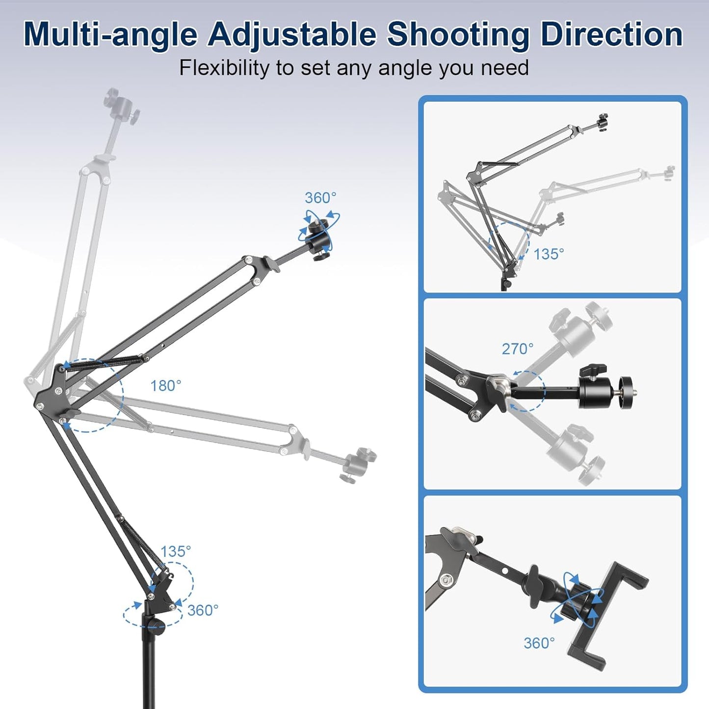 juttilax 360 5lb,Desk Overhead Camera Mount,Camera Desk Mount with Adjustable Arm and Phone Holder,Max Load-Bearing