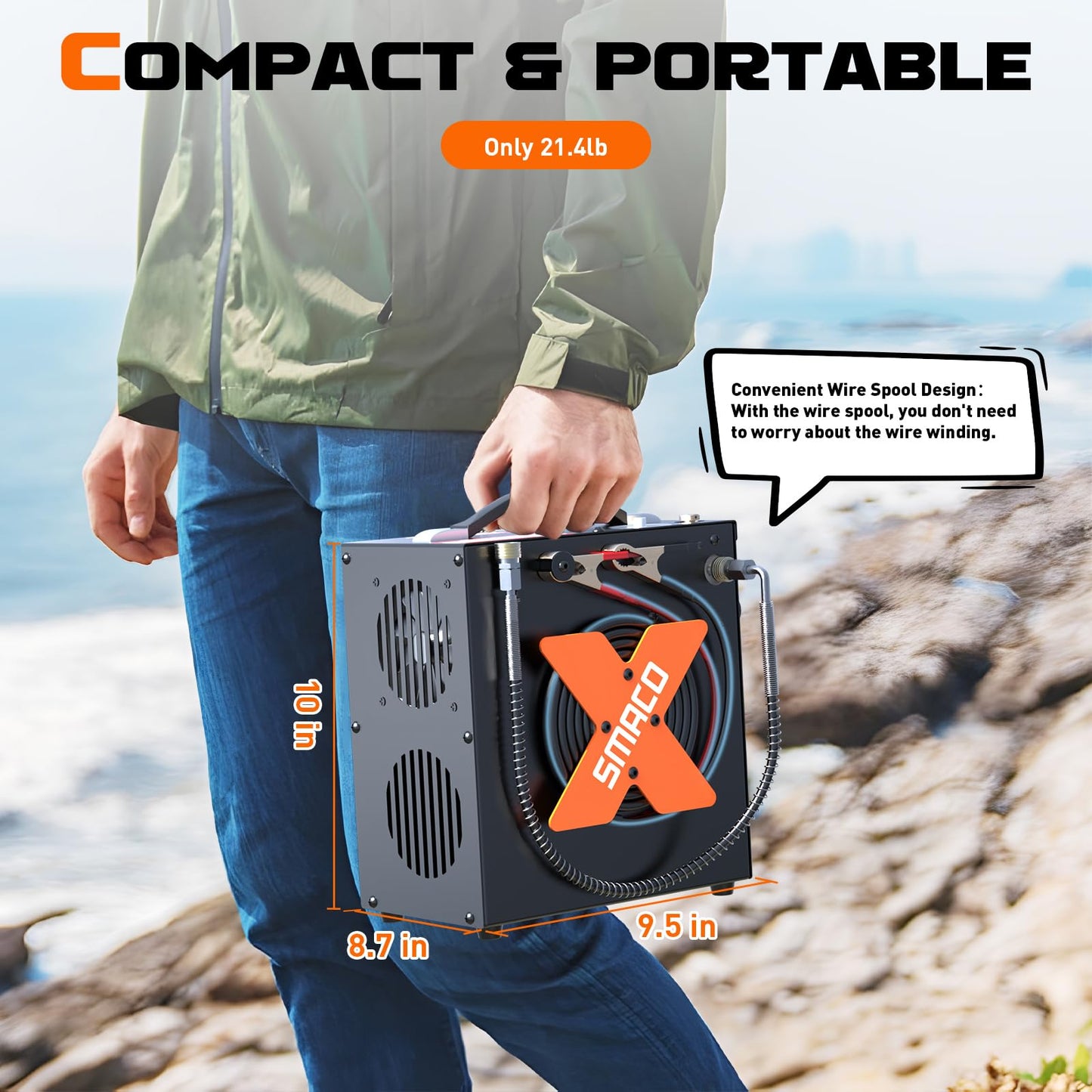 SMACO PCP Air Compressor 4500Psi/30Mpa High Pressure Air Compressor Paintball Scuba Tank Compressor HPA Pump Fill Station Auto-Stop,Oil-Free Powered by 12V DC or 110V AC with Water/Oil Separator