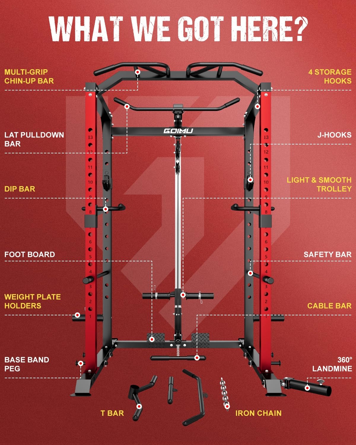 Goimu C1-V4 Power Cage, 2000LBS Squat Rack with LAT Pulldown, Multi-Function Weight Cage Strength Training Machine, Workout Cage with More Attachments for Home Gym Garage (C1-SE RD)