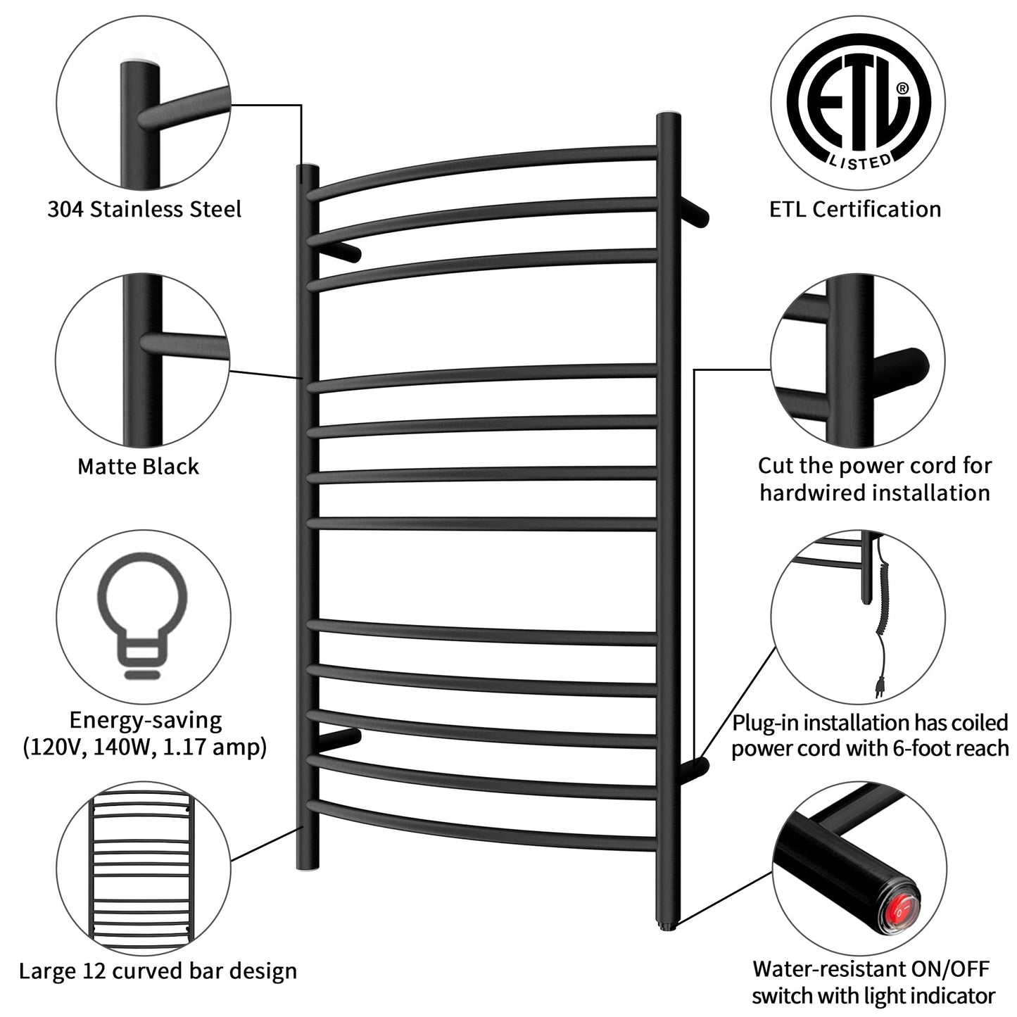 HEATGENE Towel Warmer Wall Mount Electric Plug-in/Hardwired Heated Towel Rack, 4-Supports Matte Black