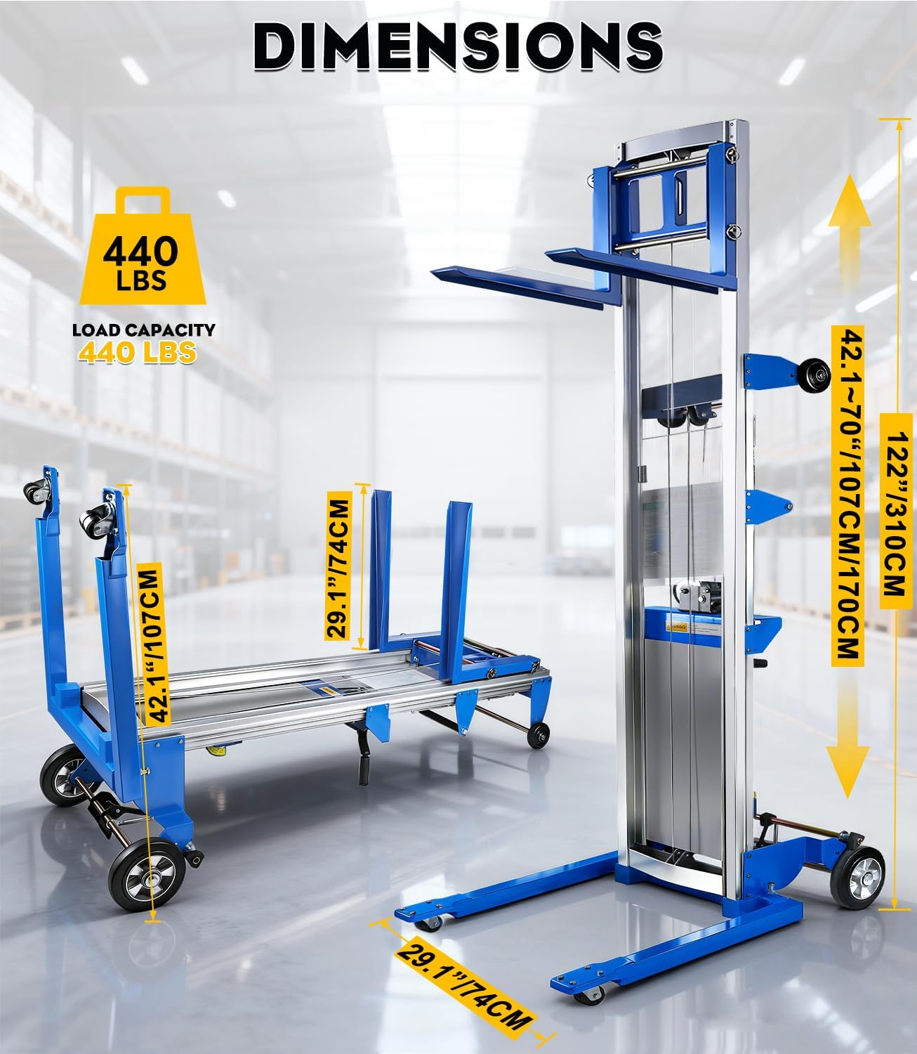 440 lbs Material Lift Winch Stacker, 122" Lift HeightAdjustable Straddle Hand Winch Lift Truck, Material Lifts for Warehouse, Factory, Library, Logistics