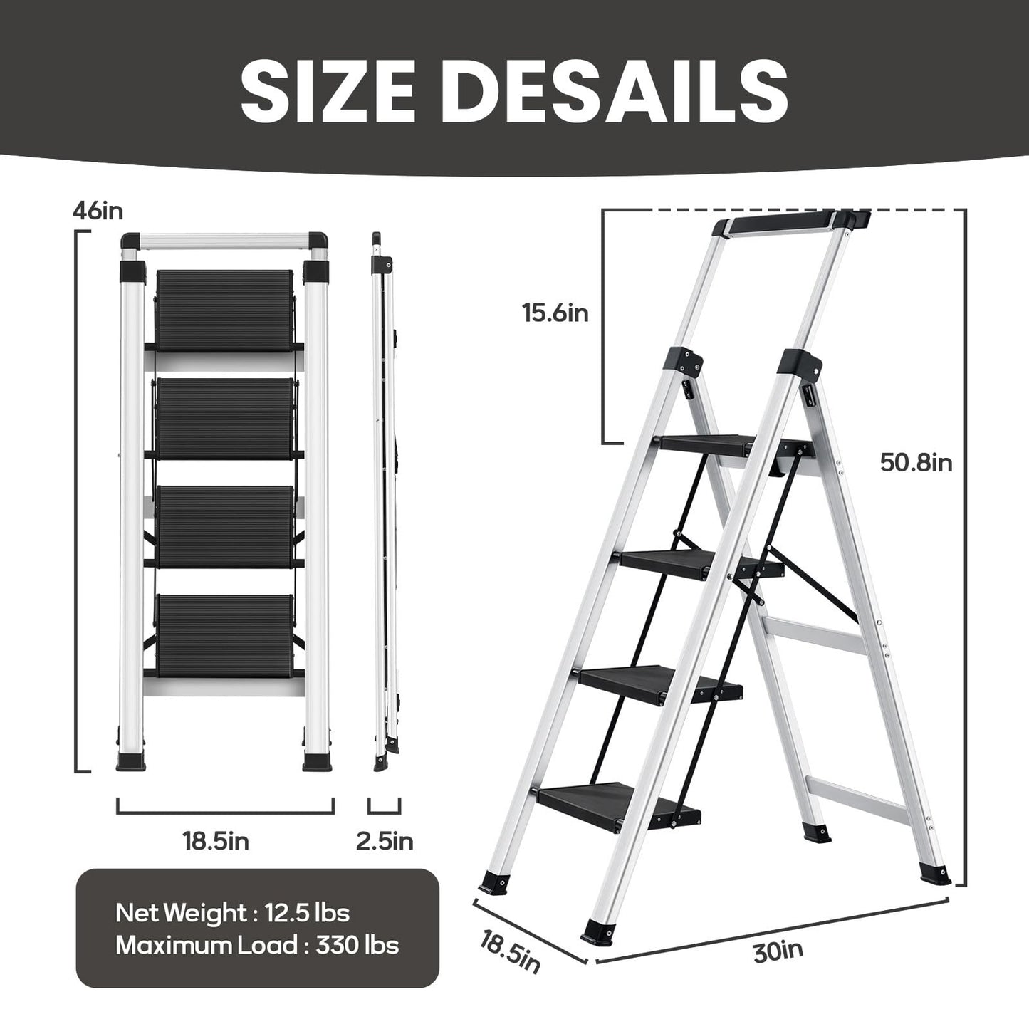 XinSunho 4 Step Ladder, Aluminum Folding Stool with Retractable Handrails & Tool Tray, Anti-Slip, Sturdy Lightweight, 330lbs Safety for Kitchen Indoor Outdoor