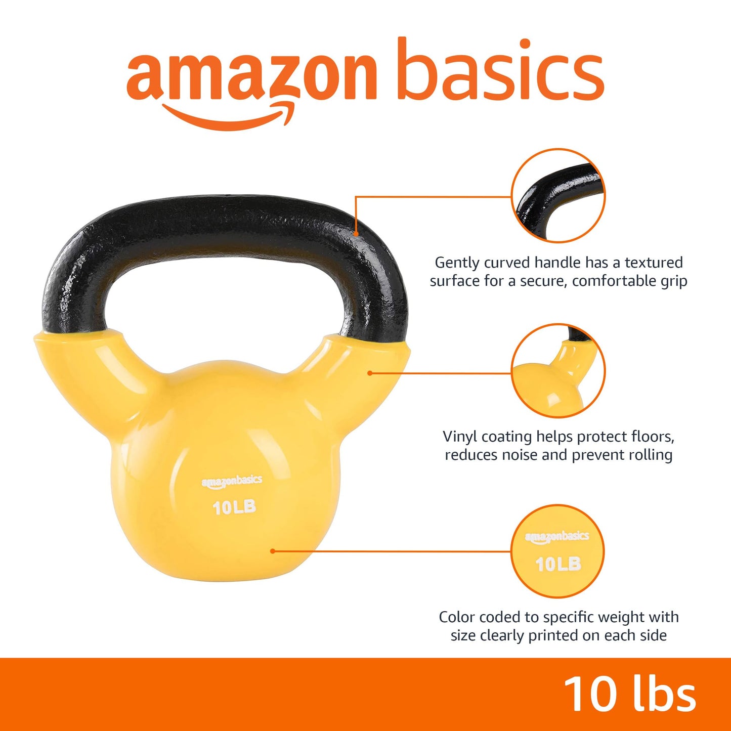 Amazon Basics Vinyl Kettlebell with Textured Wide Handle for Strength Training, Workout, 10 Pounds, Light Orange