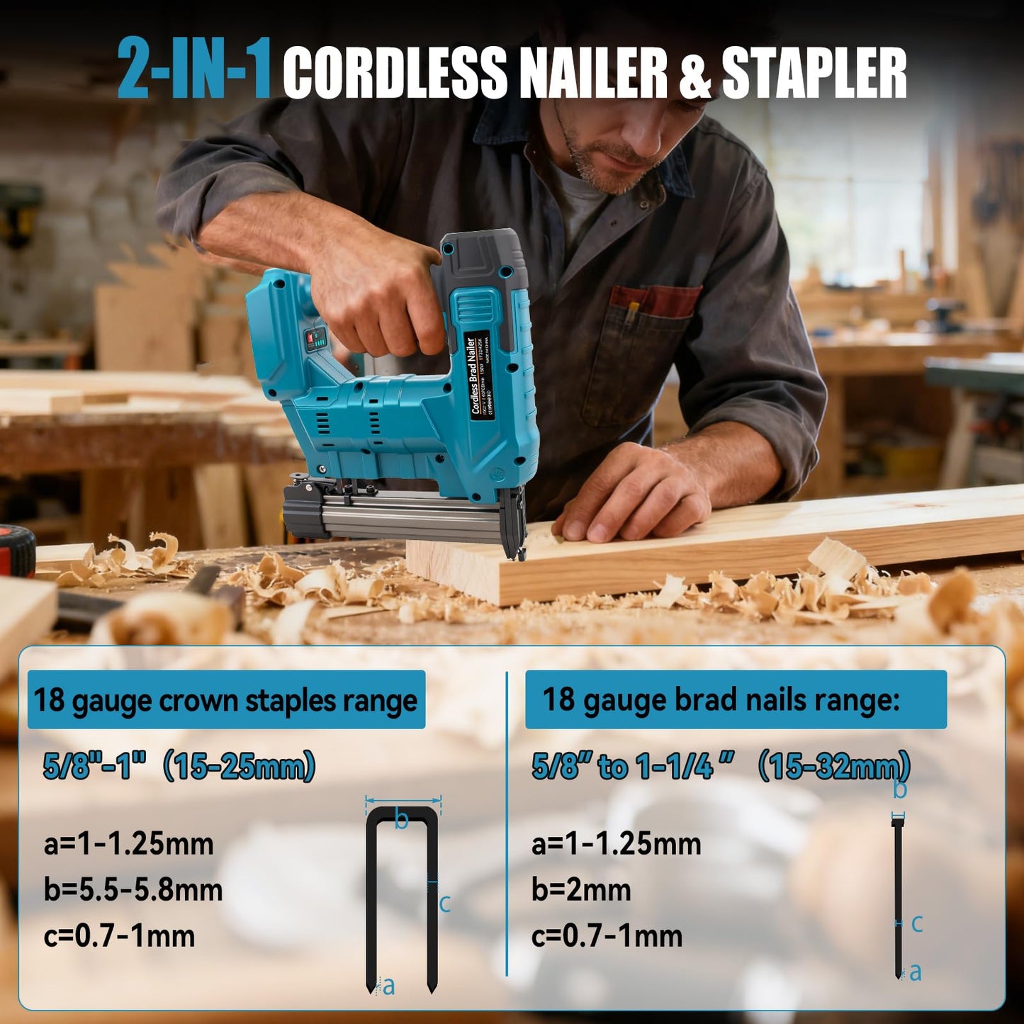 Upgraded Brushless 18GA Cordless Brad Nailer & Stapler,2-in-1 Electric Nail Gun for Ma-Kita 18V Batteries (Tool Only), 2 Firing Modes, Tool-Free Jam Release, Includes 2000 Fasteners