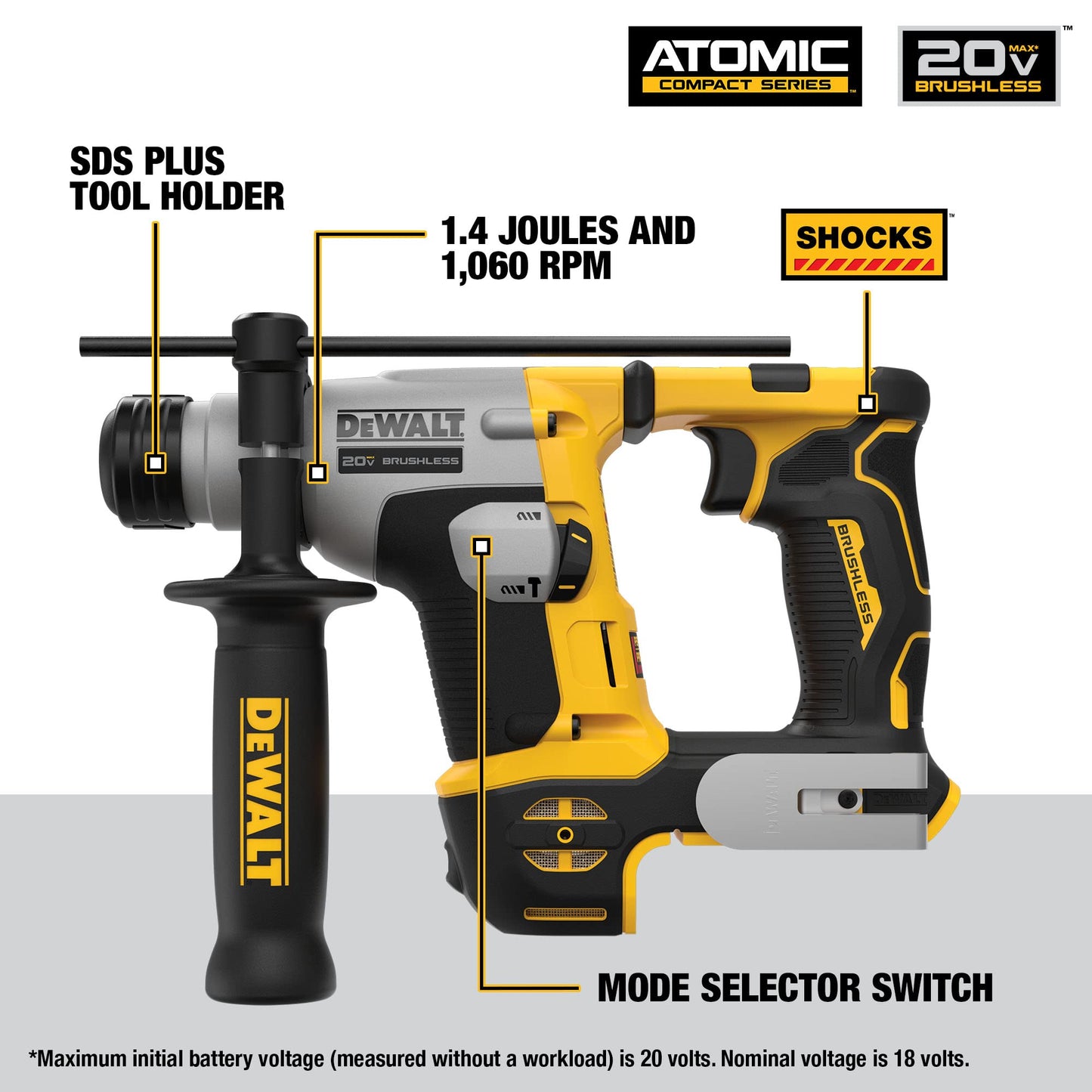 DEWALT DCH172B ATOMIC 20V MAX* 5/8 In. Brushless SDS PLUS Rotary Hammer (Tool Only) (Renewed)