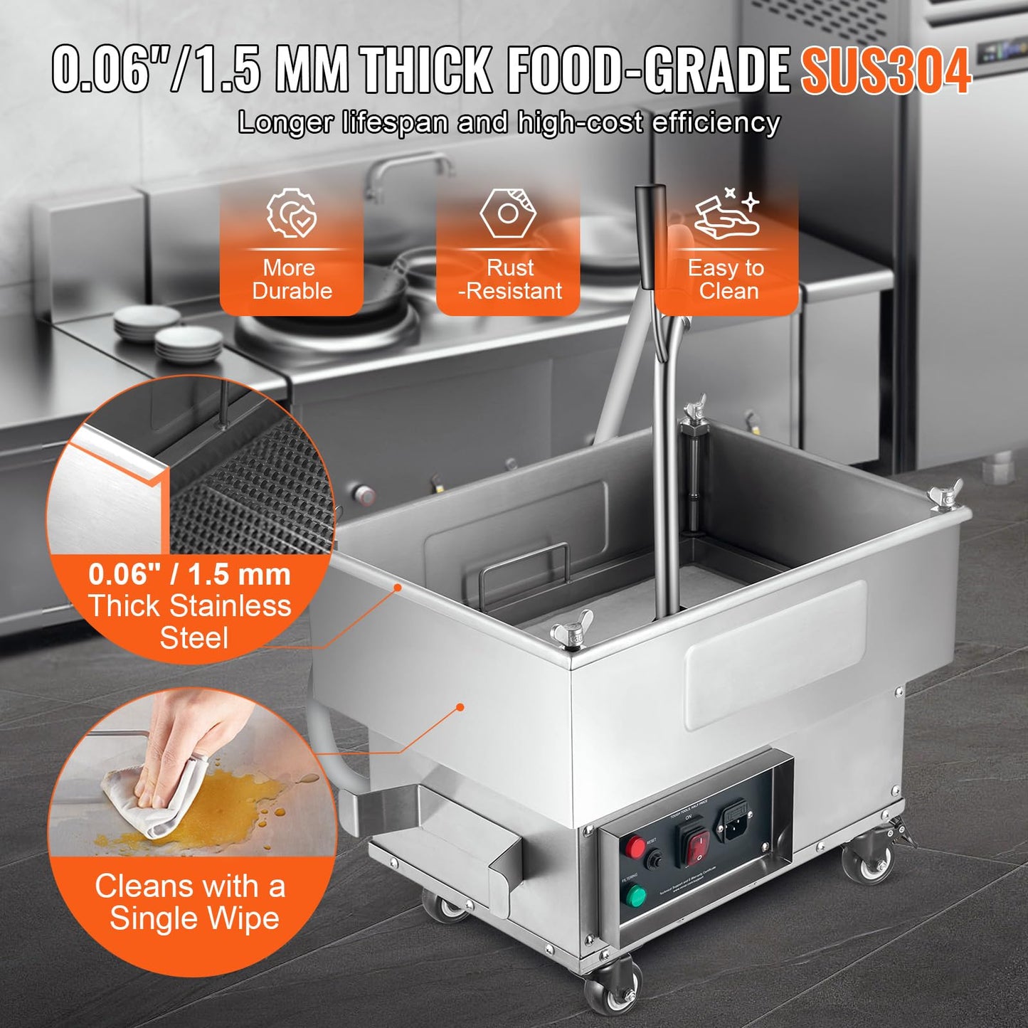 VEVOR Deep Fryer Filter 18 L/44 LBS/5.8 Gal, Frying Oil Filter System Machine 300W, Deep Fryer Oil Filter 10 L/min, Cooking Oil Filter Pump & Oil Hose, Mobile Fryer Filter 110V Kitchen Restaurant