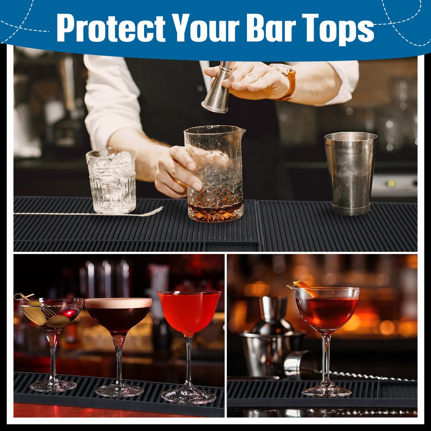 Jingmore 4 Pcs Thick Rubber Bar Mats for Bartending, Durable Non-slip Spill Mat for Countertop, Home Kitchen, Coffee Bars, and Restaurants Accessories, Black(24" X 12"+18" X 12"+24" X 3"+12" X 6")