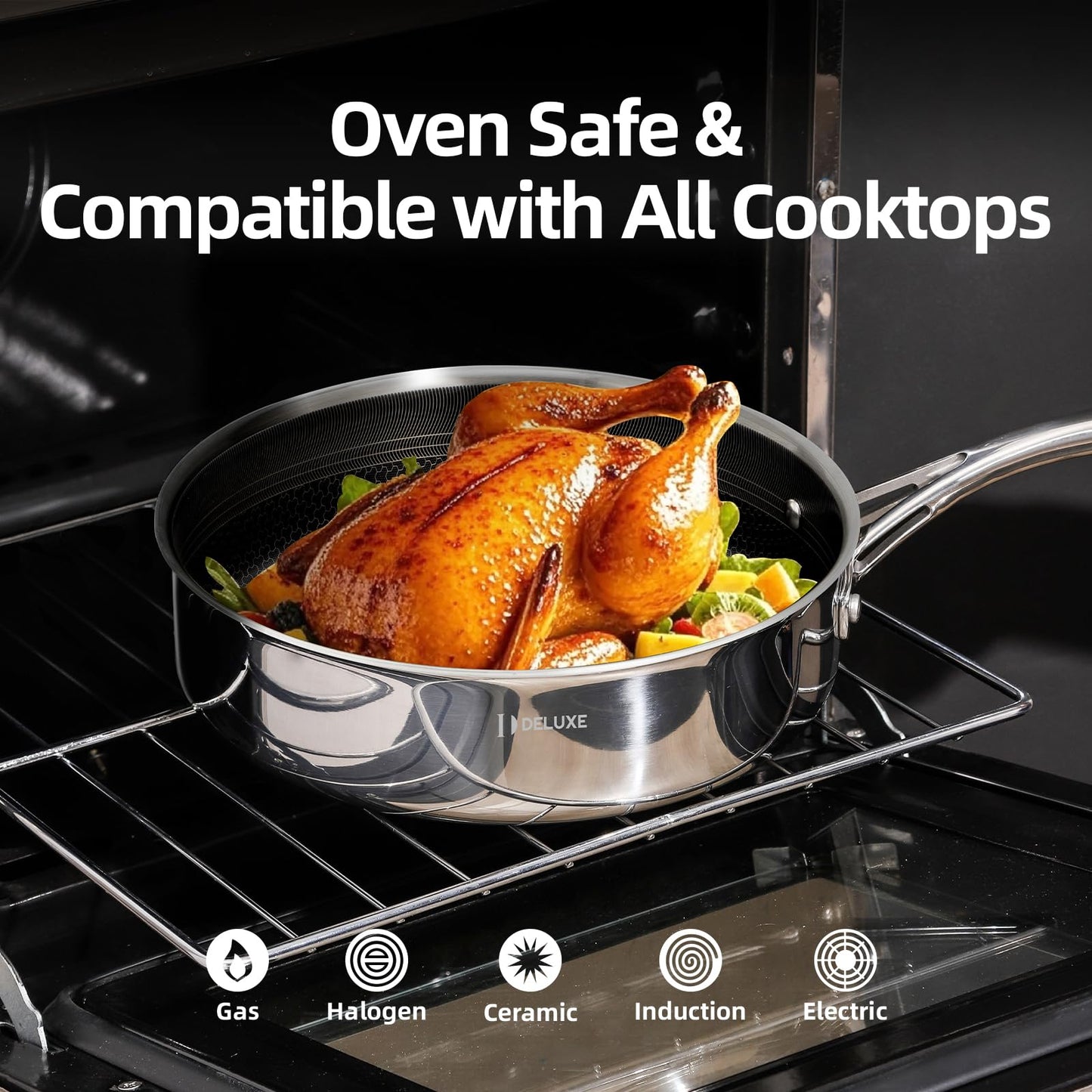 DELUXE Hybrid Ceramic Nonstick 5 Qt Deep Sauté Pan with Lid, Stainless Steel Skillet with Stay-Cool Handles, Dishwasher and Oven-Safe, PFOA Free Deep Frying Pan, Compatible with All Cooktops