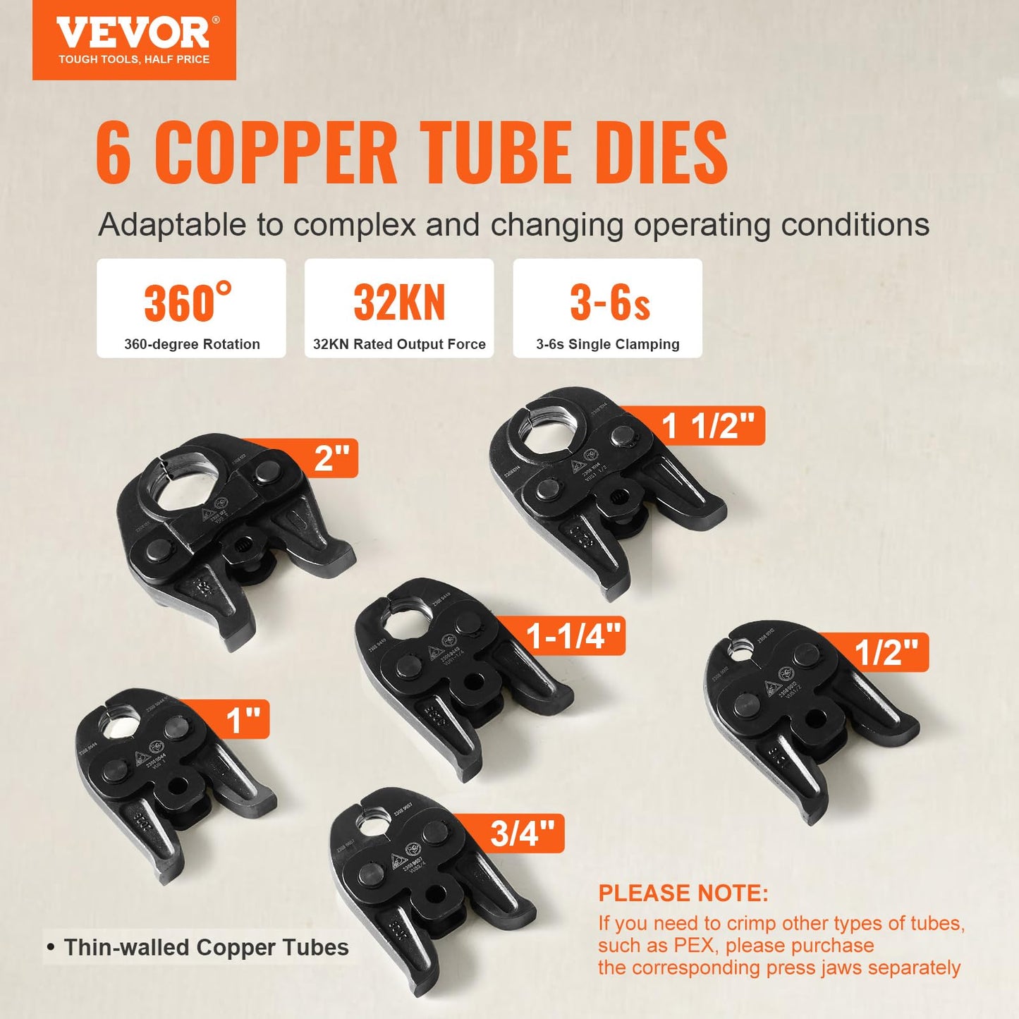 VEVOR 18V Press Tool, 32KN Electric Pipe Crimping Tool for 1/2" to 2" Copper Pipes, 360° Rotation Automatic Crimper with Brushless Motor & 6 Jaws - Compatible with ProPress
