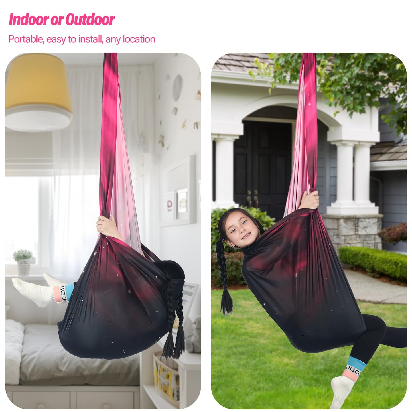 HiChrote Sensory Swing for Kids Holds up to 300lbs Indoor & Outdoor Therapy Cuddle Swing with Hammock Hooks Hanger Kit for Calming, Effect for Autism, ADHD or SPD. (Space Pink)
