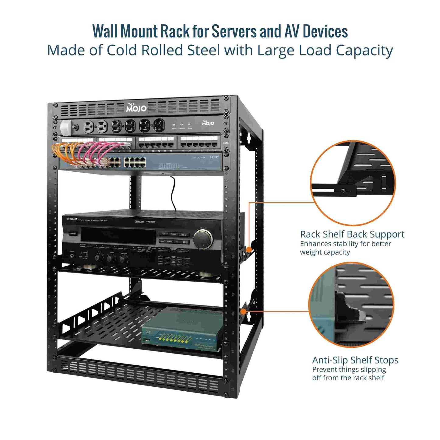 Tecmojo 16U Open Frame Network Rack for IT & AV Gear, AV Rack Floor Standing or Wall Mounted,with 2 PCS 1U Rack Shelves & Mounting Hardware,Network Rack for 19" Networking,Audio and Video Device