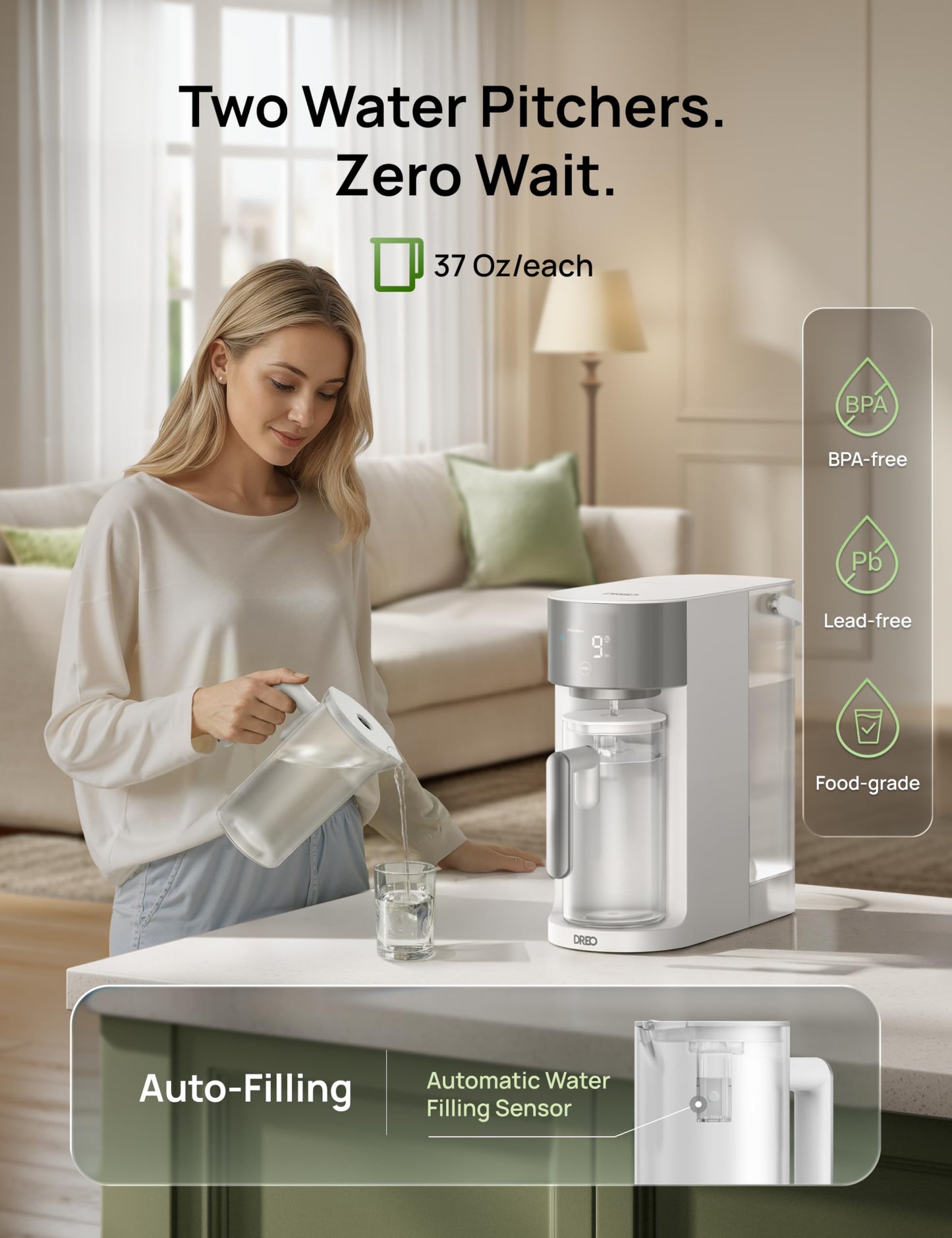DREO Reverse Osmosis Water Filter Countertop, RO Filtration System, 3:1 Pure to Drain, TDS & Filter Life & 2 Autofill Pitchers, Install-Free, Self-Cleaning Water Purifier, RO Water Filter