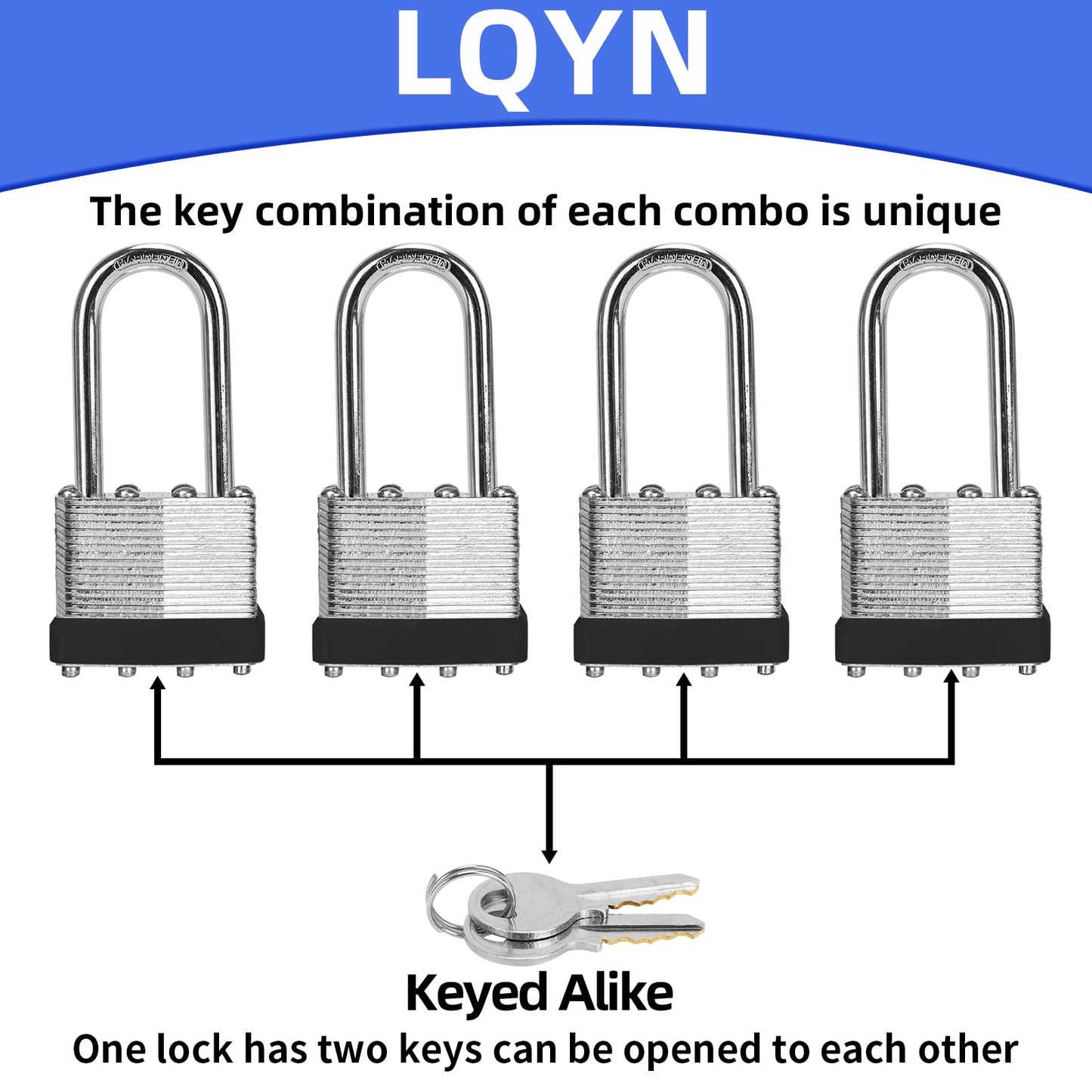 Padlocks with Same Key, LQYN 100 Pcs Laminated Keyed Padlock (1-9/16", 40mm), Keyed Alike Locks, Long Shackle, for Storage Locker, Hasp Latch, Toolbox, Sheds