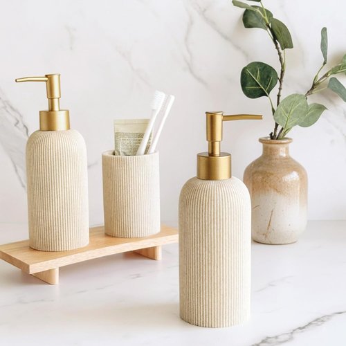 Lunestella Hand Soap Dispenser - Luxury Sand Beige Design with Matte Gold Pump | 7oz Multiuse for Bathroom & Kitchen