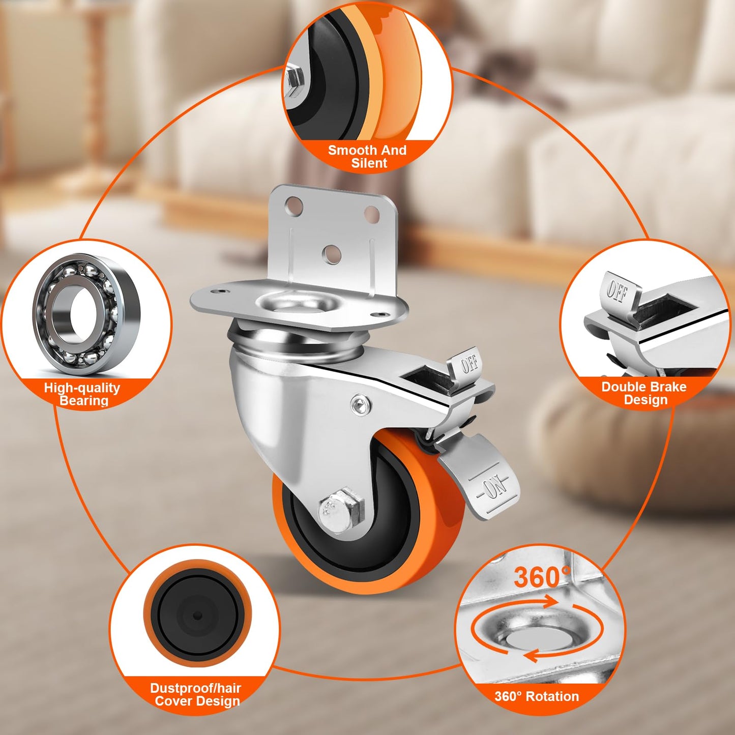 3 Inch Side Mount Casters Set of 4, L-Shape Heavy Duty Plate Caster Wheels 1000 LBS,Swivel Castors with Brakes,Silent Rubber Wheels for Furniture, Carts,Table,Office Chair