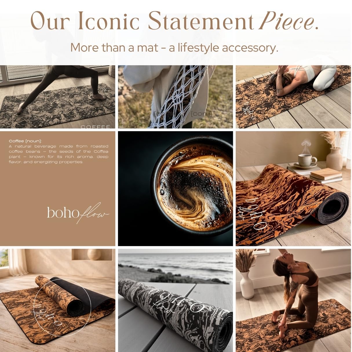 Boho Flow Deluxe Cork Yoga Mat | Caffè Core - Coffee Cork Edition | Eco-Luxury Coffee-Infused Cork Surface, Natural Tree Rubber Base & Signature Handmade Boho Macramé Bag