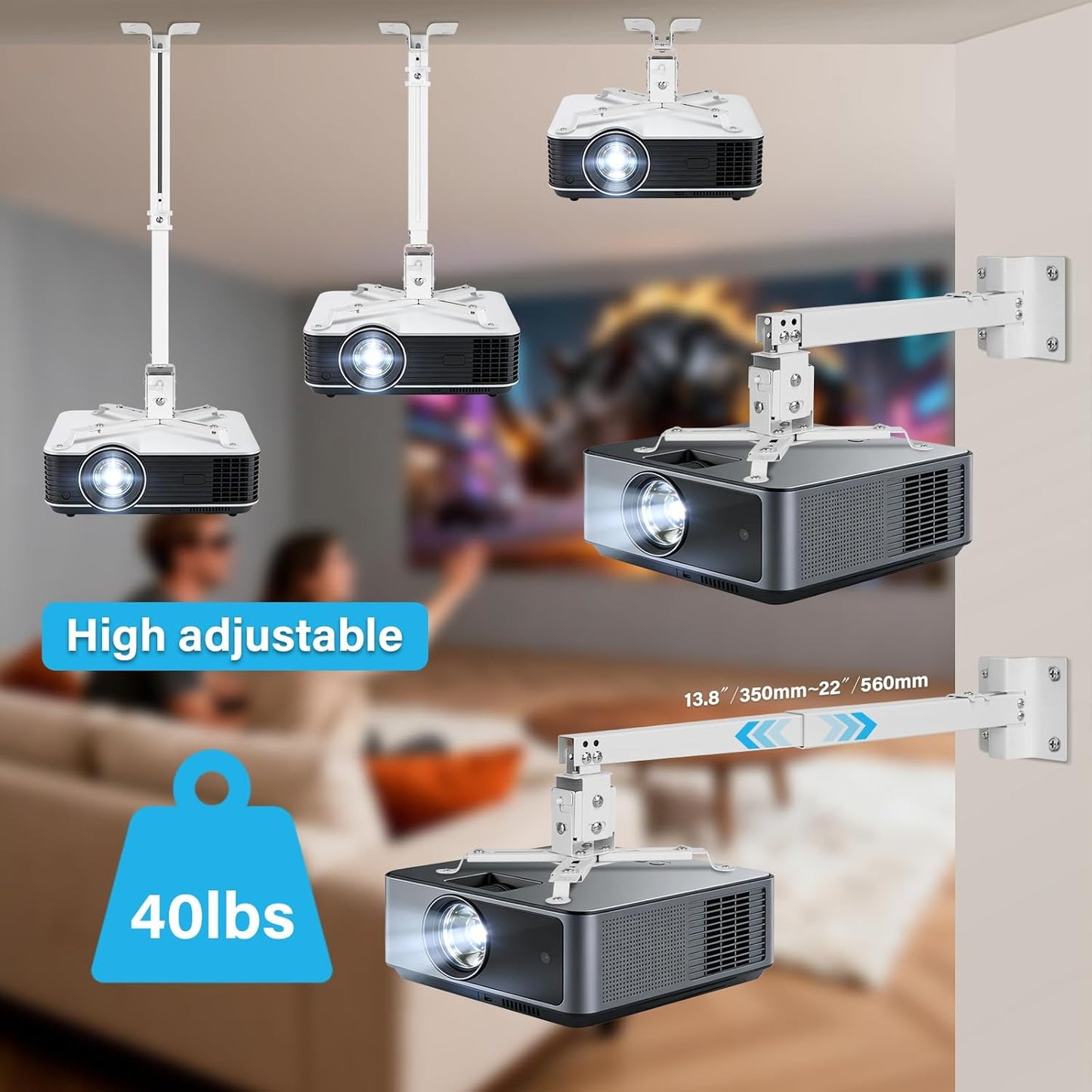 Vphom 3-in-1 Universal Projector Mount Ceiling/Wall - Projector Bracket with Extension Pole & Cable Ties