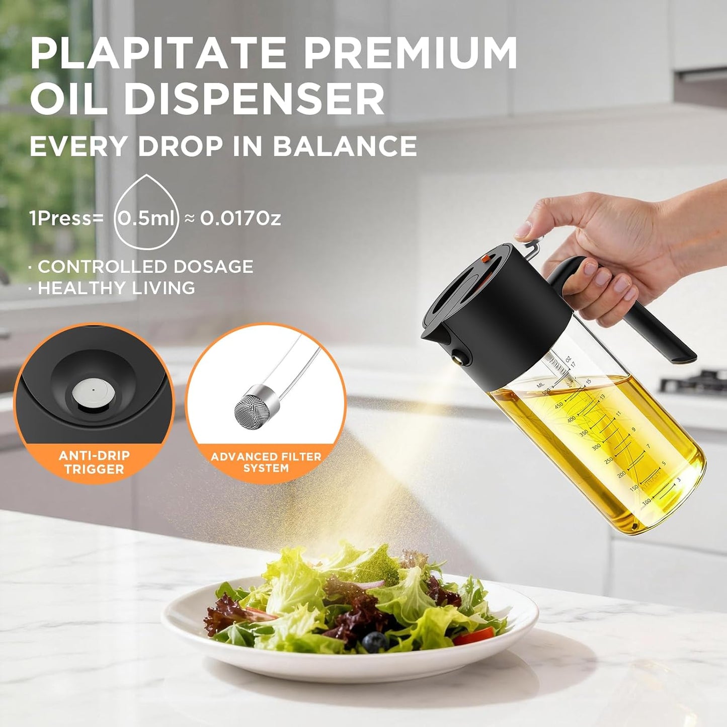 PLAPITATE Premium Olive Oil Sprayer - 17oz Glass Dispenser with Portion Control for Cooking | Black