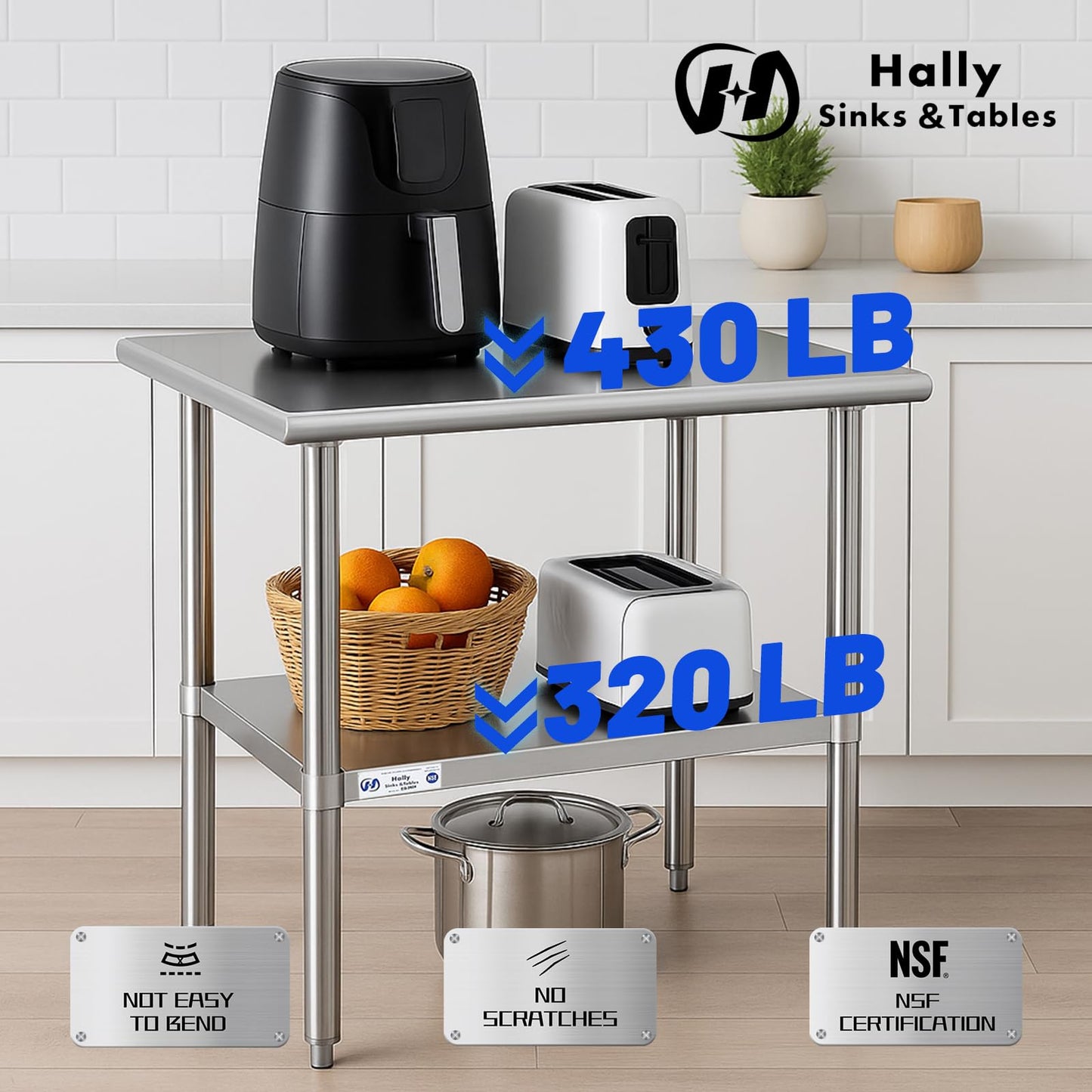 Hally Stainless Steel Table for Prep & Work 24 x 36 Inches, NSF Commercial Heavy Duty Table with Undershelf and Galvanized Legs for Restaurant, Home and Hotel