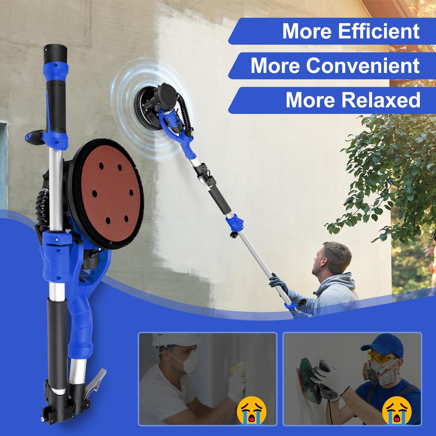 Drywall Sander, 1000W Popcorn Ceiling Removal Tool, Foldable Automatic Drywall Sander with Vacuum Dust Collection, LED Light, 6 Variable Speed 800-2200RPM,15Pcs Sanding Discs (Blue）