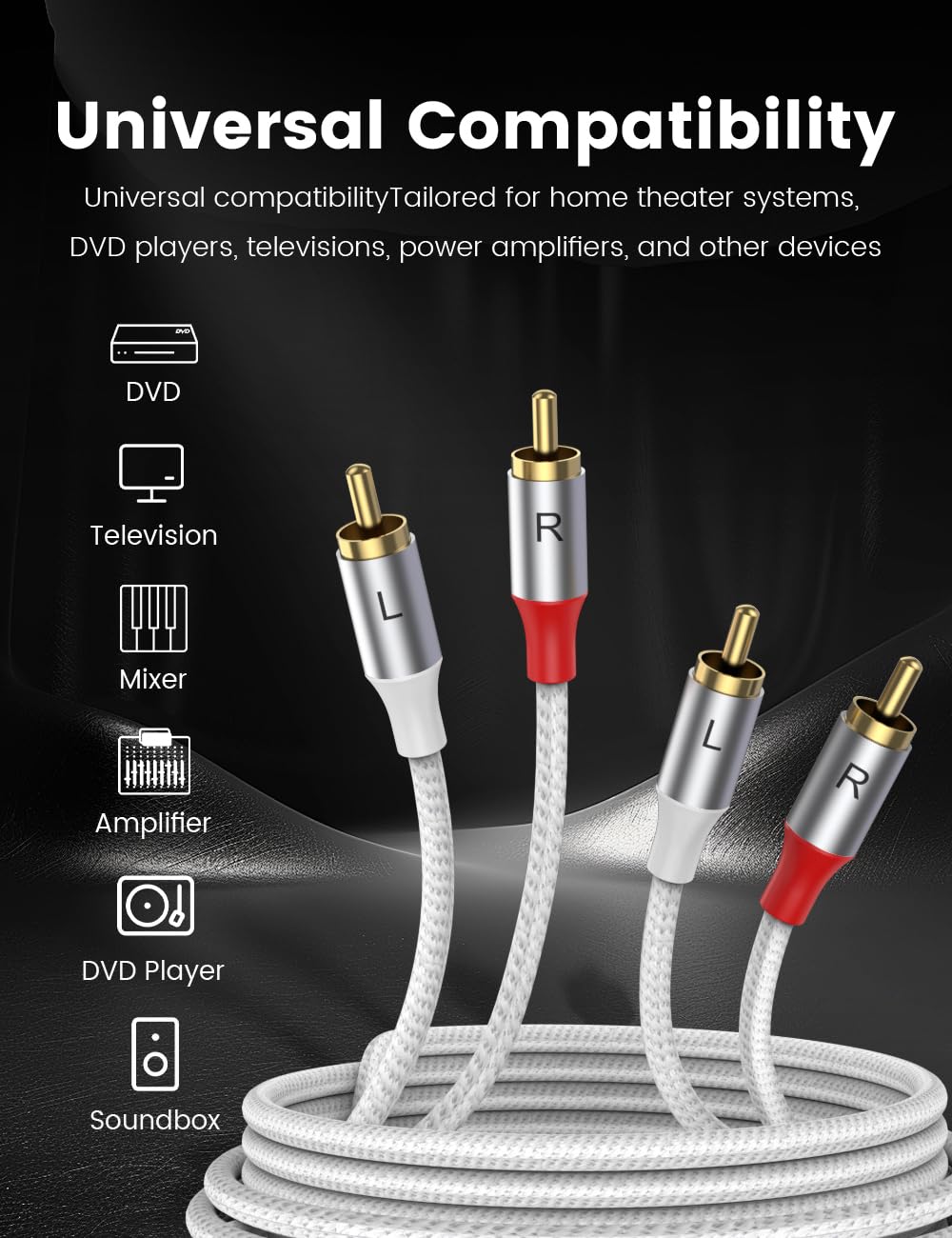2RCA 2RCA 3.28ft/1M, 24K MOSWAG Male to Male Stereo Auxiliary Audio Cable Subwoofer Cable Gold Plated Nylon Braided