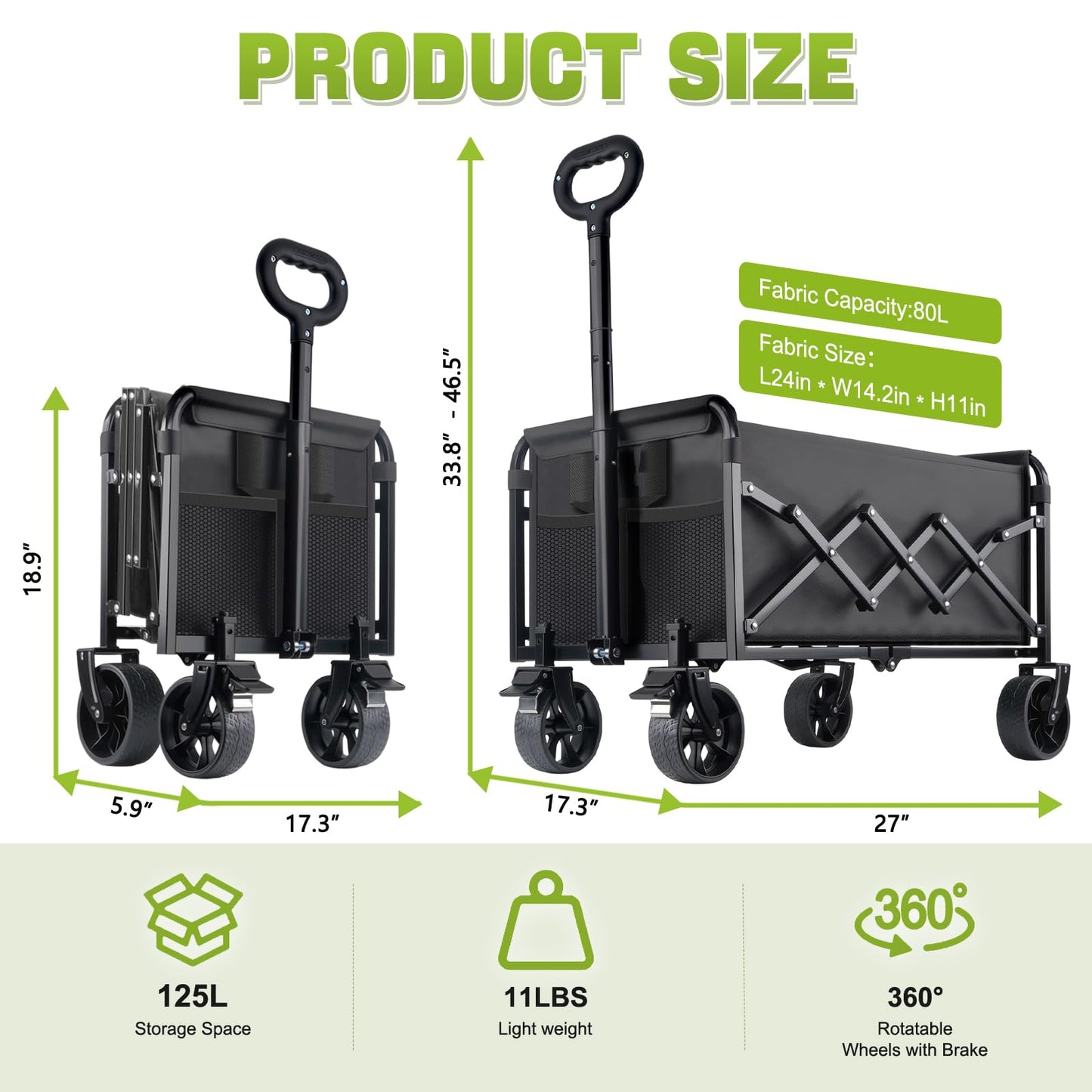 Collapsible Folding Wagon Cart with Wheel - 360LBS Heavy Duty Foldable Wagon Carts with All Terrain Wheels & breakes, Portable Lightweight Wagon Cart for Sports/Groceries/Camping/Fishing/Gardening