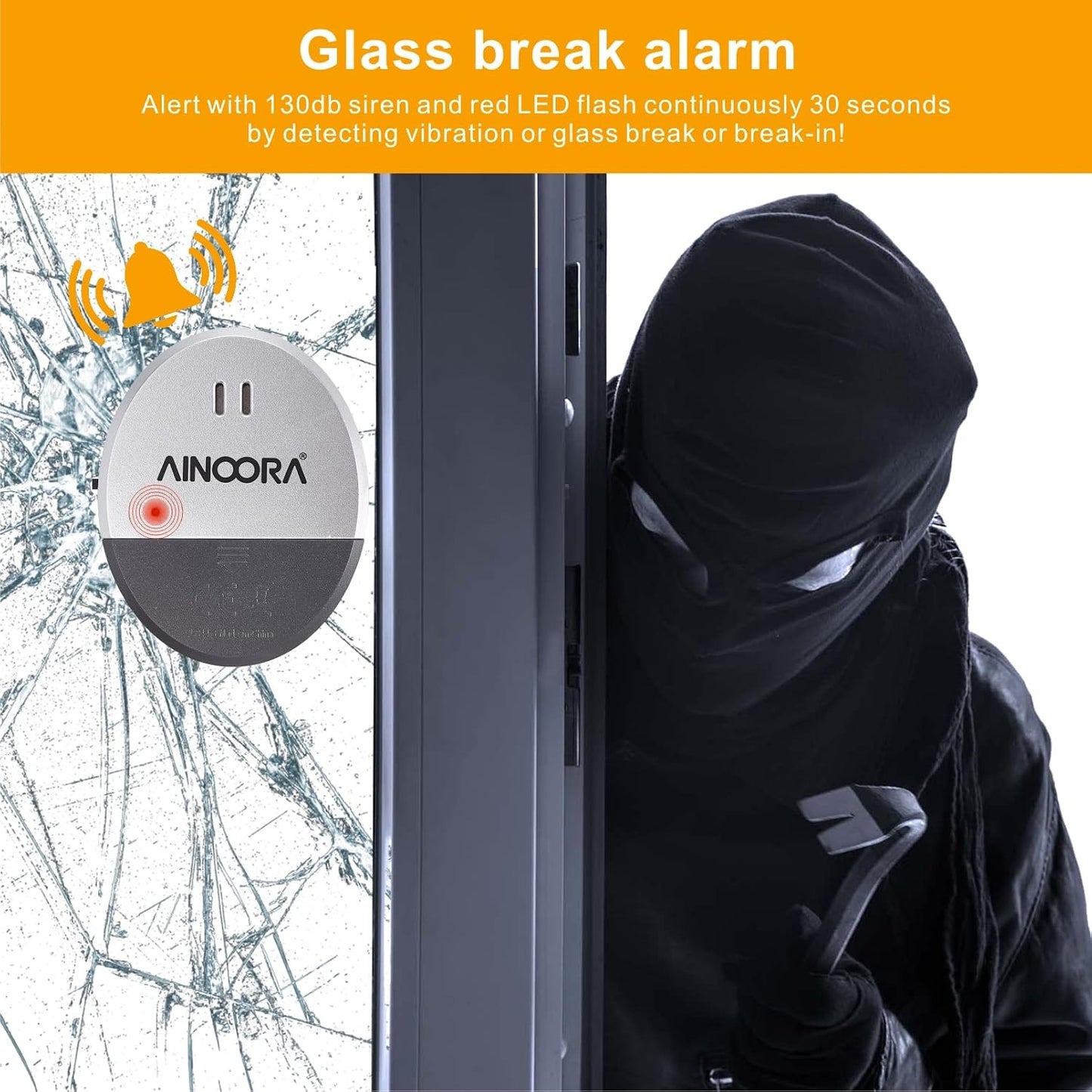 AINOORA 4 Pack, 130dB Window Alarms Loud Glass Break Sensor & Vibration Alarm for Home Security, Burglar Entry Detector