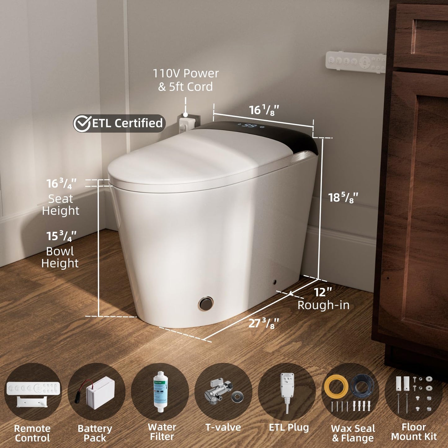 LOS FLEXI E5D Smart Toilet with Bidet, Built-In Water Tank, Battery Backup Flush, Foot Kick Flush, Instant Warm Water, Heated Seat, Warm Air Dryer, Night Light, Side Panel Control & Remote, ETL Plug