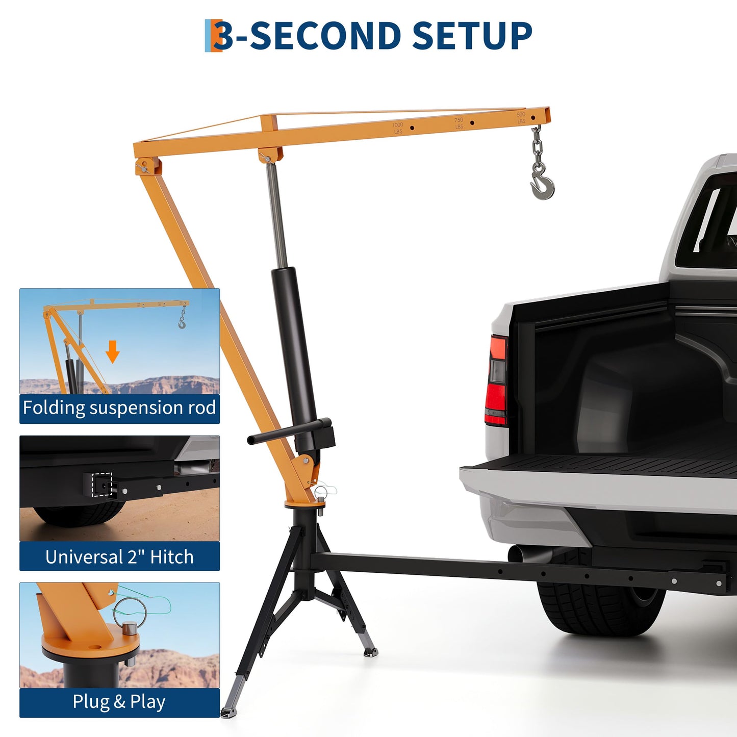 GarveeTech Heavy Duty 1000 Lbs Truck Crane, Hydraulic Hitch Mounted Hoist with 360 Degree Swivel Boom, Adjustable 3-Position Load Capacity for Farm, Construction & Engine Lifting