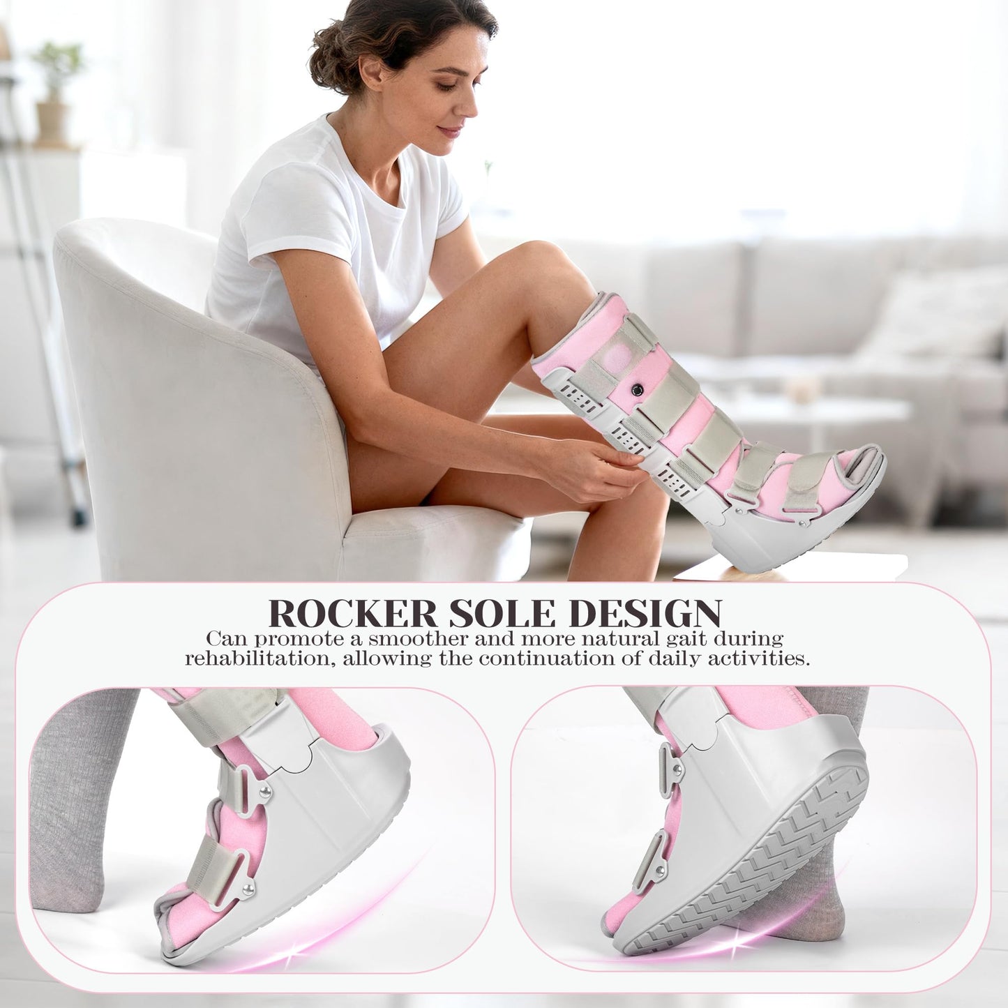 Jewlri Tall Walking Boot for Broken Foot, Air Cam Walker Boot for Foot Injury, Sprained Ankle, Fracture Recovery, Grey Shell with Light Pink Lining Women Medium