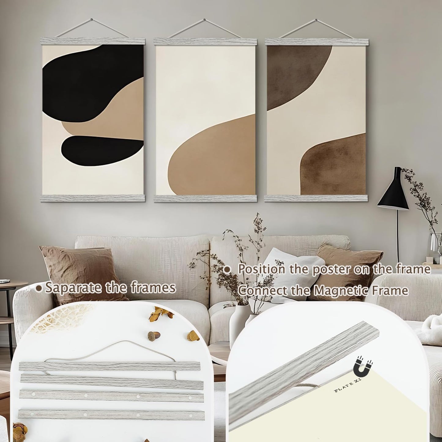 Artmag Magnetic Poster Hanger Frame - Light Wood Canvas Artwork Display | 20" Grey Size