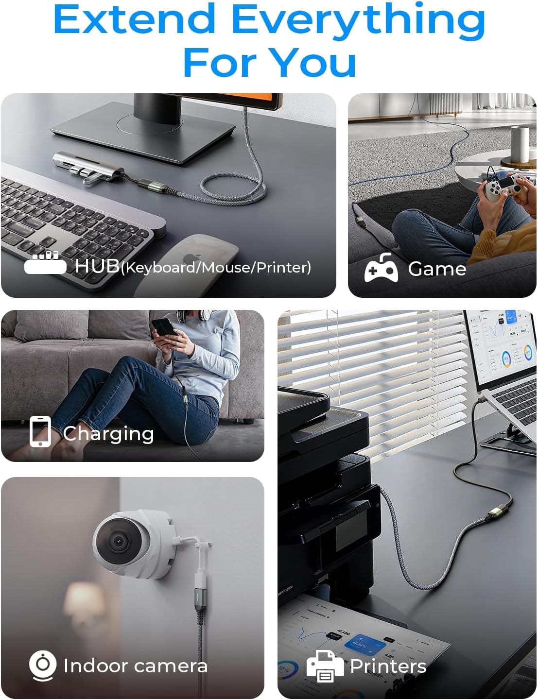 3.0 Drive,Printer,24.6FT,Grey AINOPE USB Extension Cable,USB Extender,USB Extension Cable, Male to Female Cord High