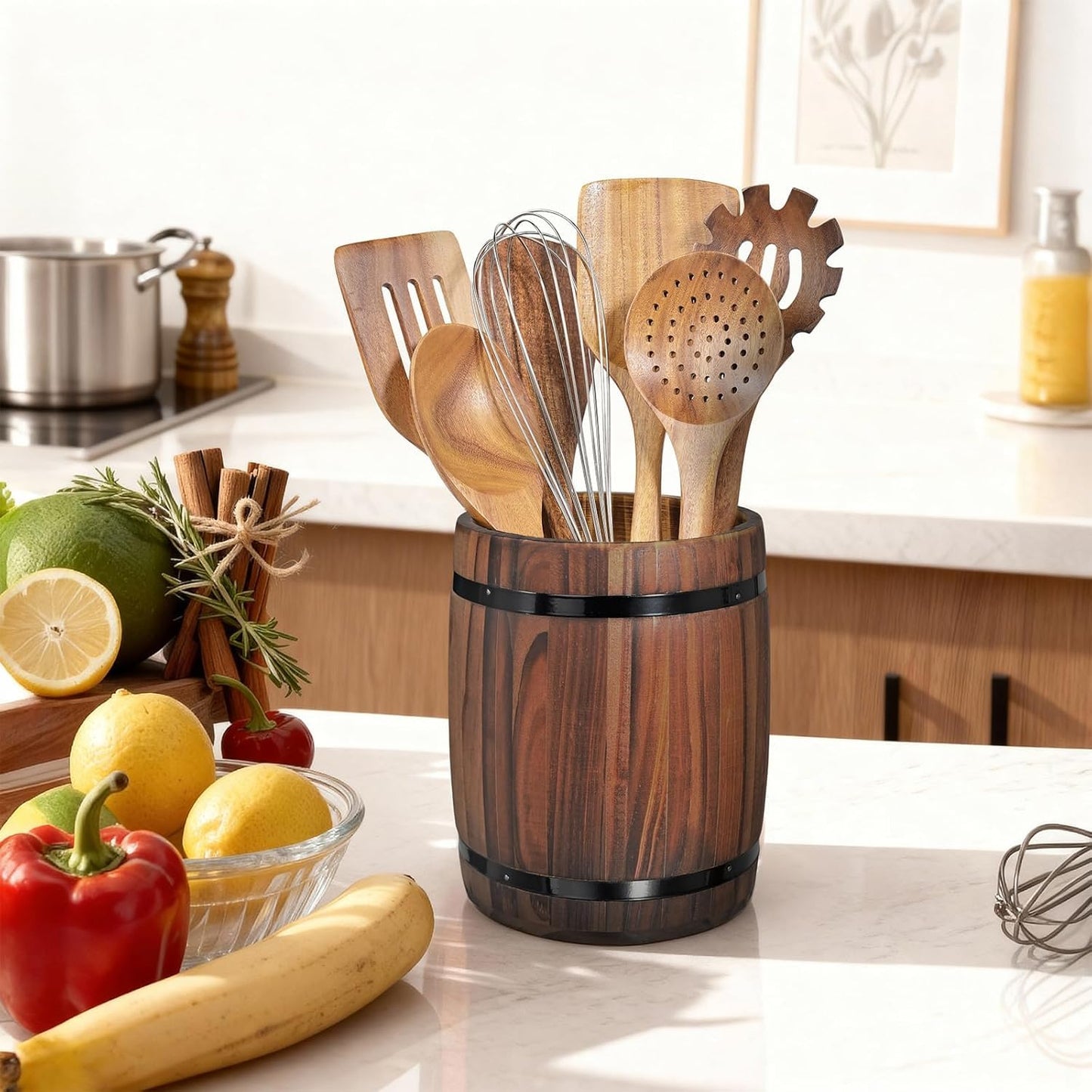 KewinSent Wooden Utensil Holder, Brown, Barrel Shape, Holds Spoons and Scoops, Wine Barrel Design, Painted, Smooth Surface, Sturdy Construction