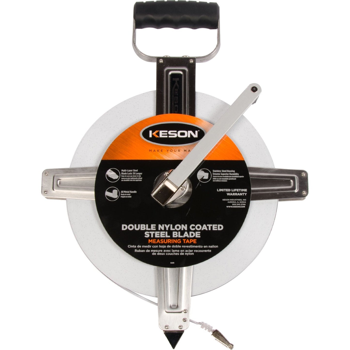 Keson SNR10300E Nylon-Reinforced Steel Blade Tape Measure with Stainless Steel Housing, Zero Point at Tape End and Ring End (Graduations: ft, 1/10, 1/00), 300-Foot
