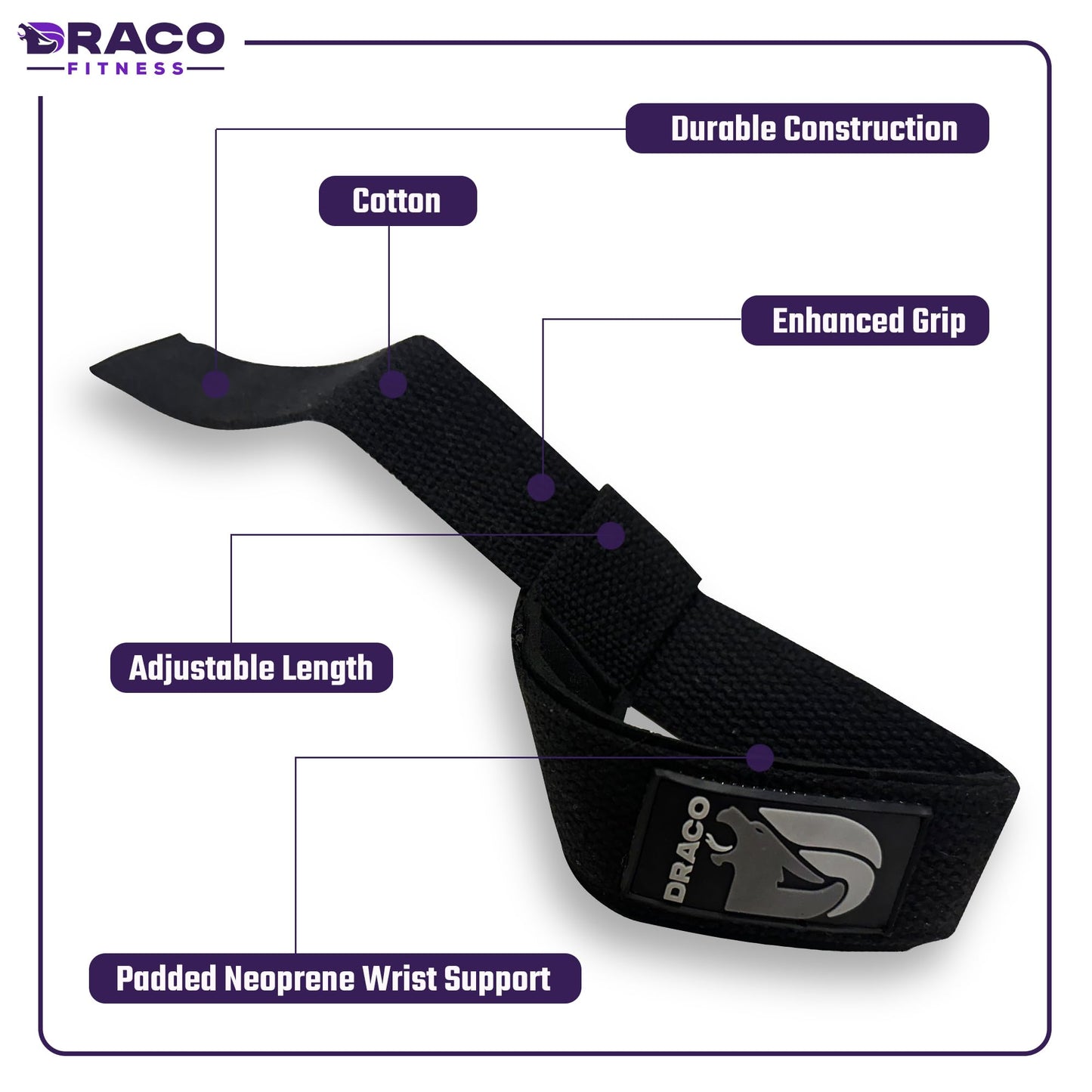 DRACO FITNESS Lifting Wrist Straps - Padded Neoprene for Weightlifting, Bodybuilding, Powerlifting, Strength Training, Deadlift - 23.5" L x 1.5" W Cotton with Heavy Duty Stitching