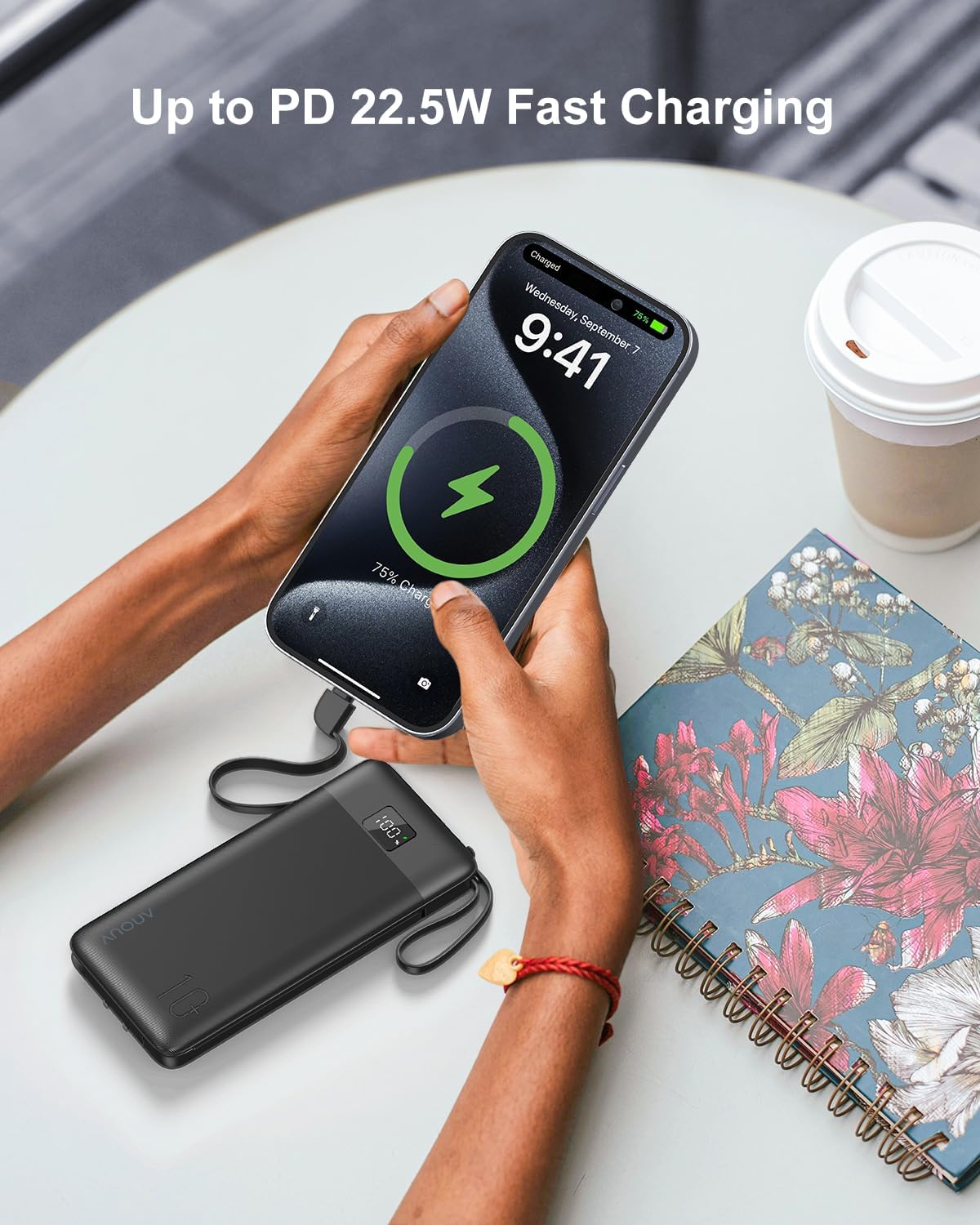 ANOUV 10000mAh 22.5W Pack 17/16/15/14/13 Portable Charger Built-in Cables and AC Wall Plug, PD Fast Charging Power